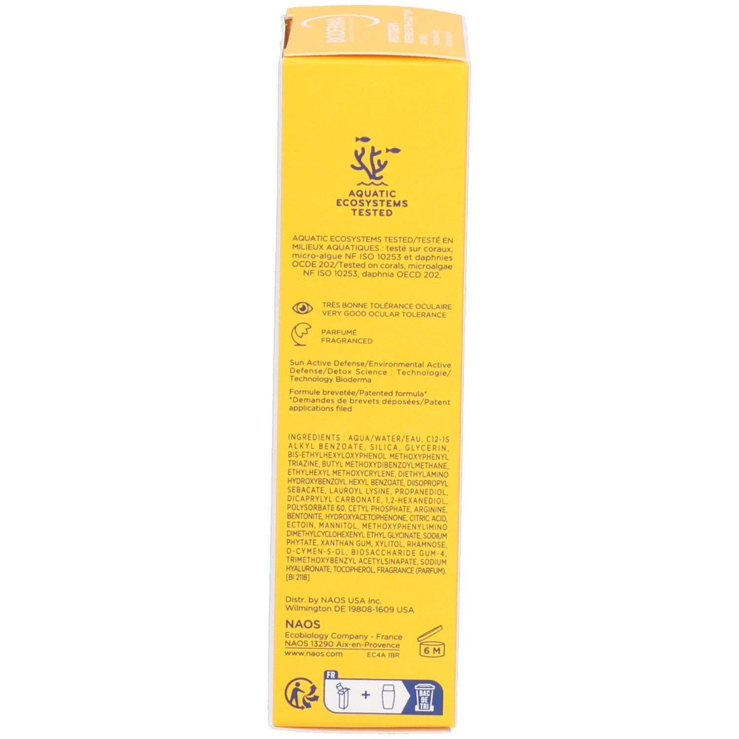 Côté de l'emballage Bioderma Photoderm X-Defense. Texte sur les ingrédients et l'écologie.