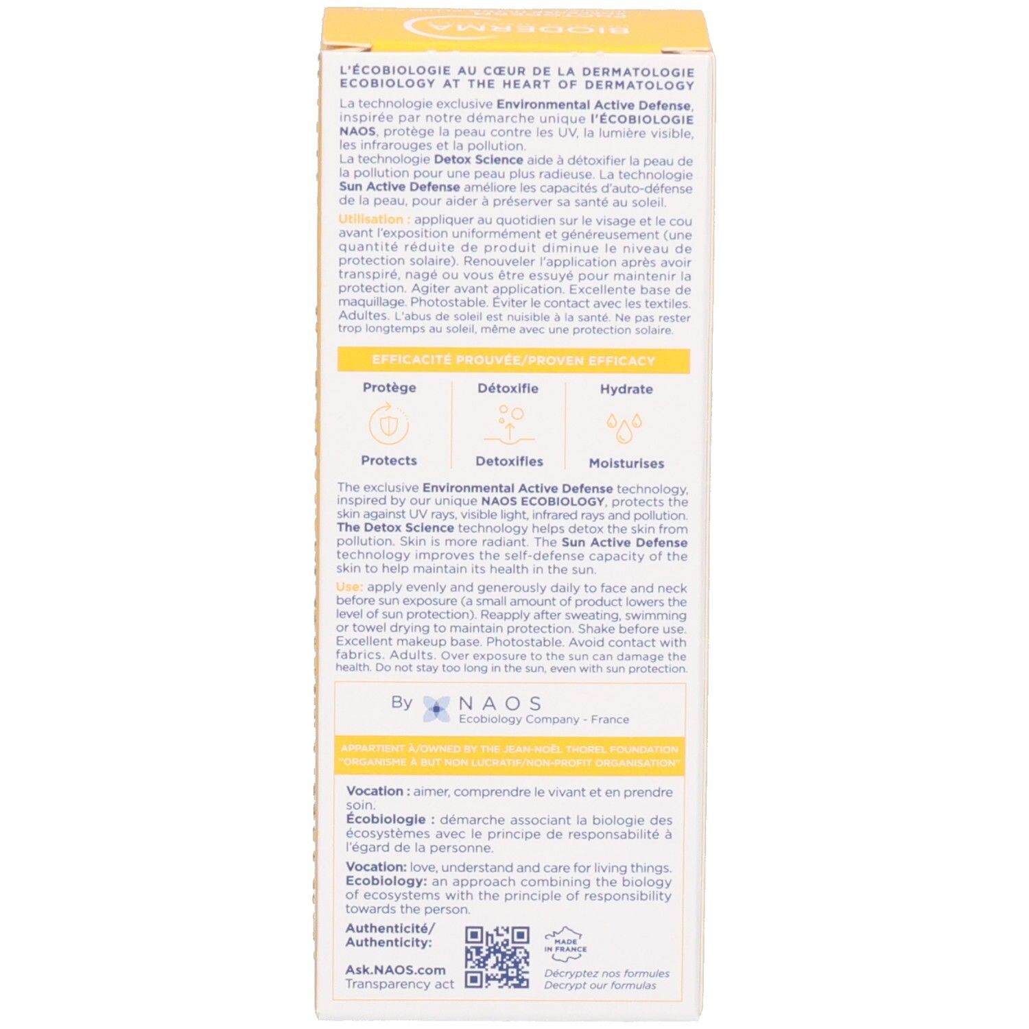 Dos de l'emballage Bioderma Photoderm X-Defense. Texte sur l'écobiologie et l'utilisation.