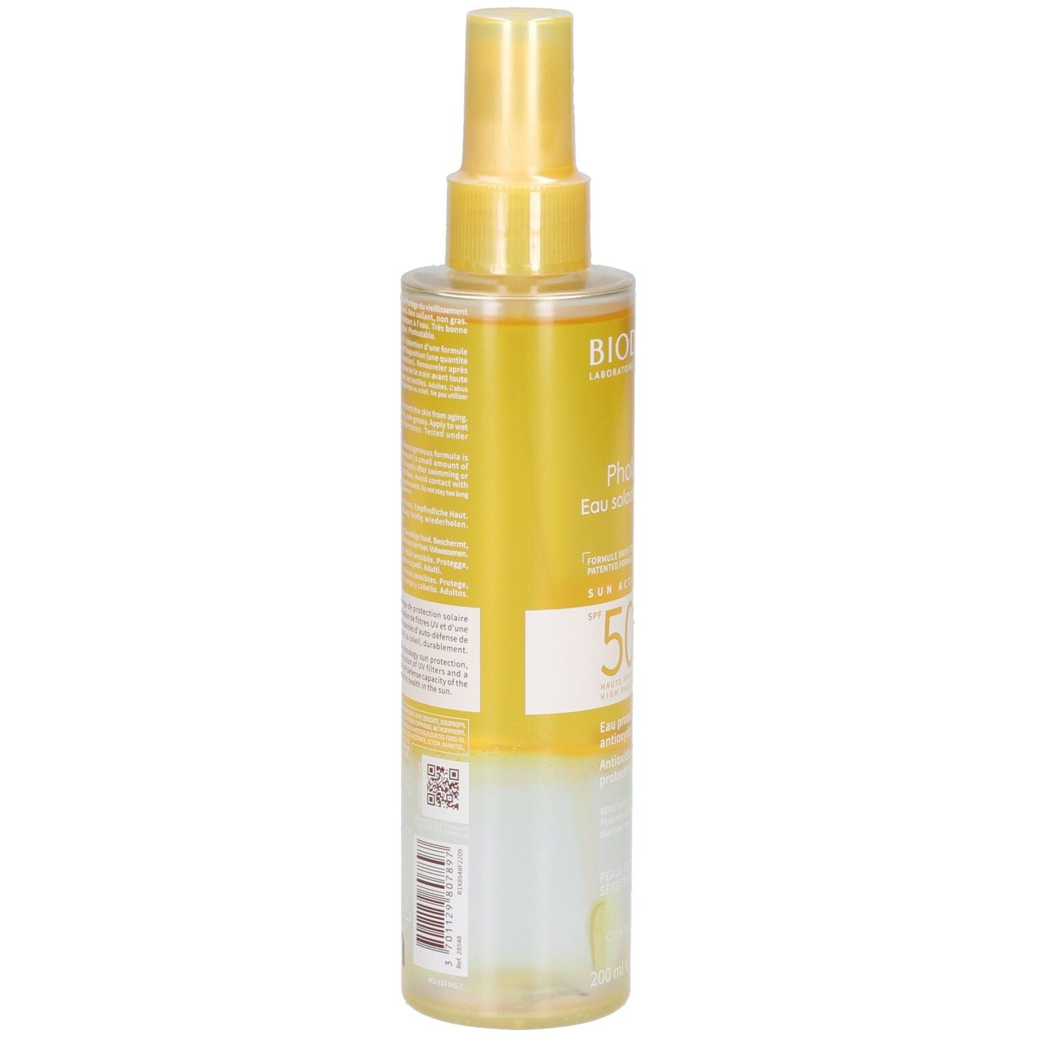 Flacon de protection solaire. Dos avec texte. Liquide jaune transparent. Avec tête de pulvérisation. Code-barres et autres informations.