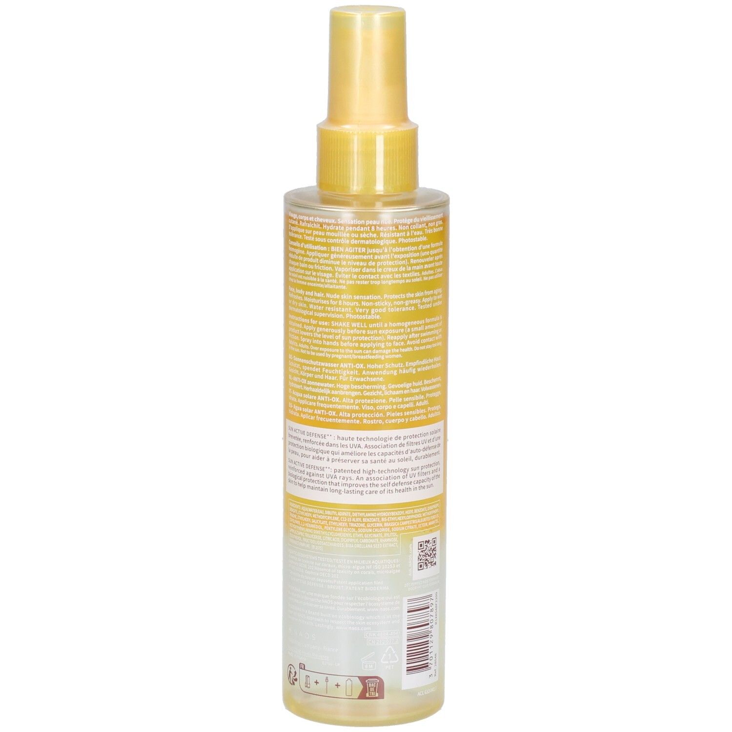 Flacon de protection solaire. Dos avec texte. Liquide jaune transparent. Avec tête de pulvérisation. Vue détaillée des informations sur le produit.