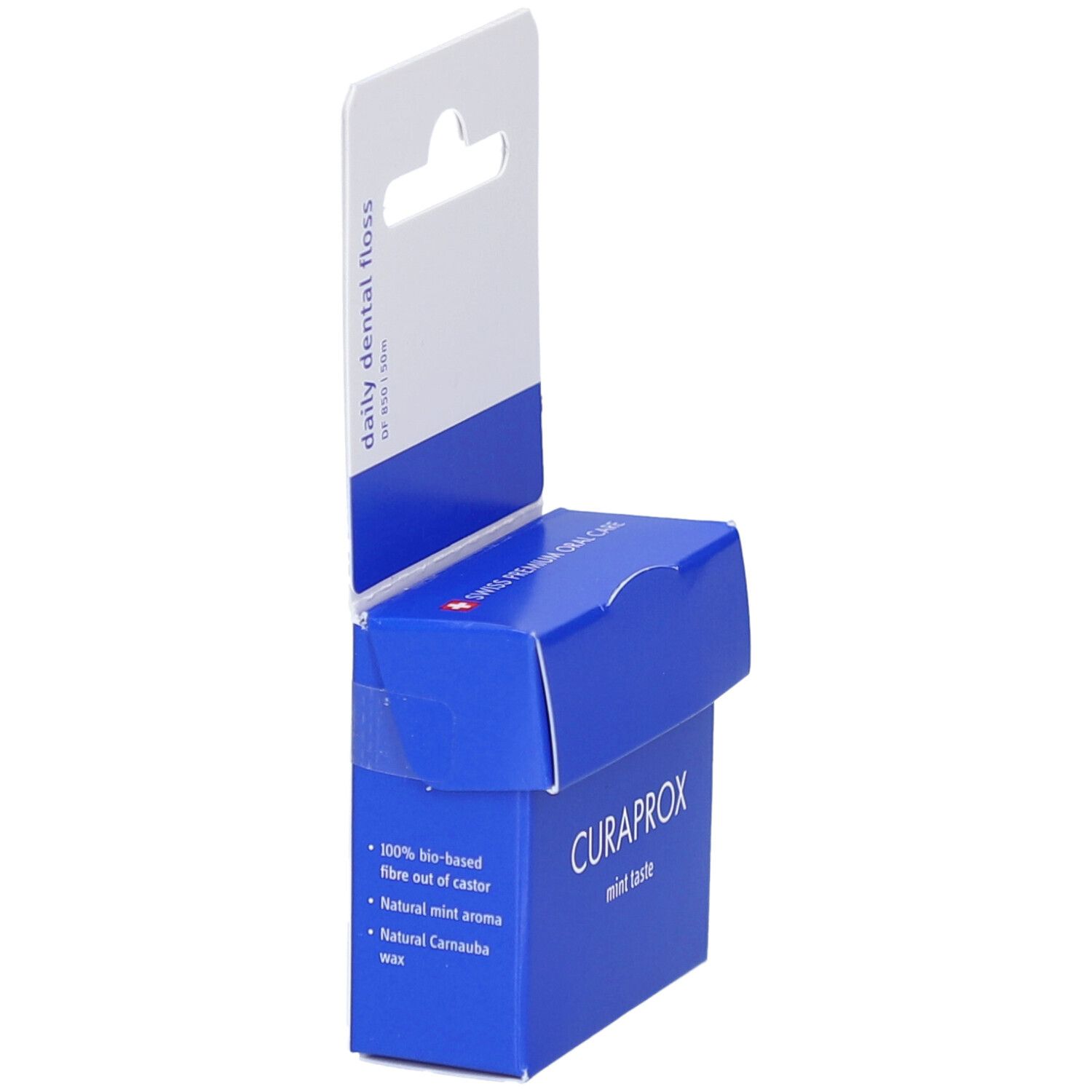 Emballage bleu avec logo CURAPROX et texte. Contient du fil dentaire. Inscription : mint taste. Informations produit au dos.
