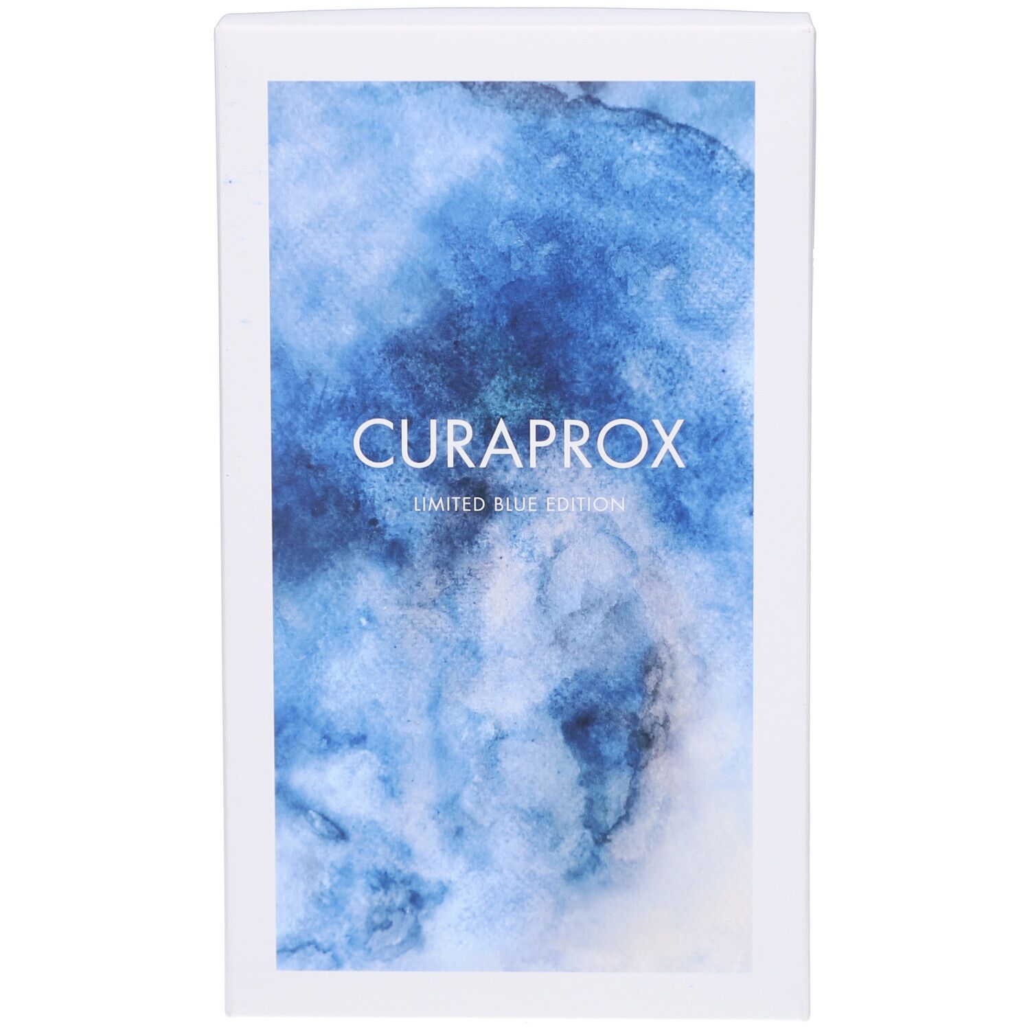 Weiße Verpackung mit blauem Aquarellmuster. CURAPROX-Logo und Schriftzug „LIMITED BLUE EDITION“.