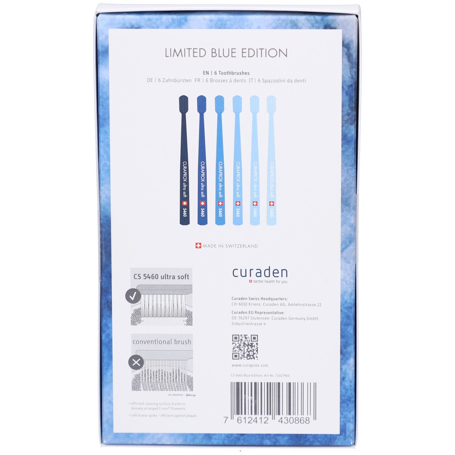 Rückseite der Verpackung mit sechs blauen Zahnbürsten. Text: „LIMITED BLUE EDITION“ und „CS 5460 ultra soft“.