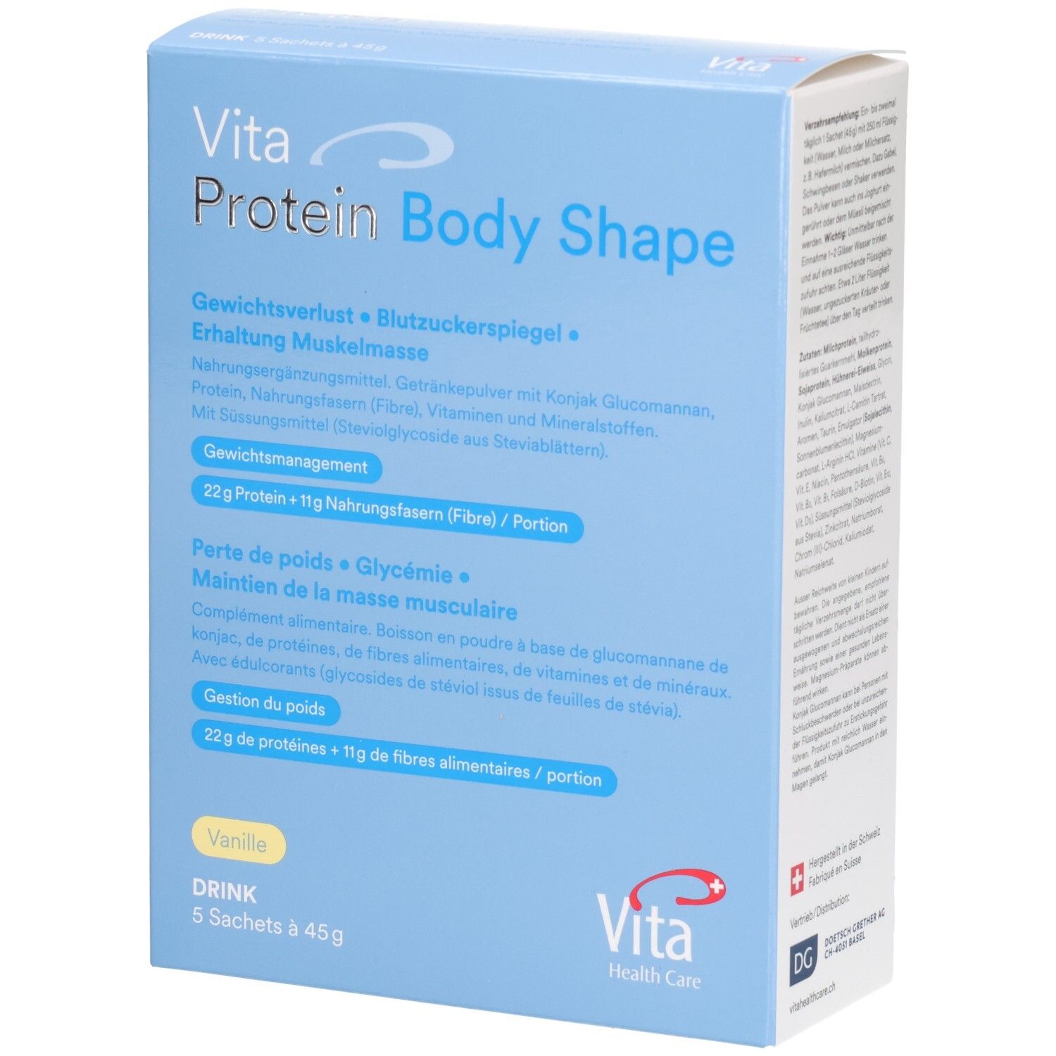 Hellblaue Schachtel mit Produktnamen und -details. Enthält 5 Beutel à 45g. Aufschrift: Vita Protein Body Shape.