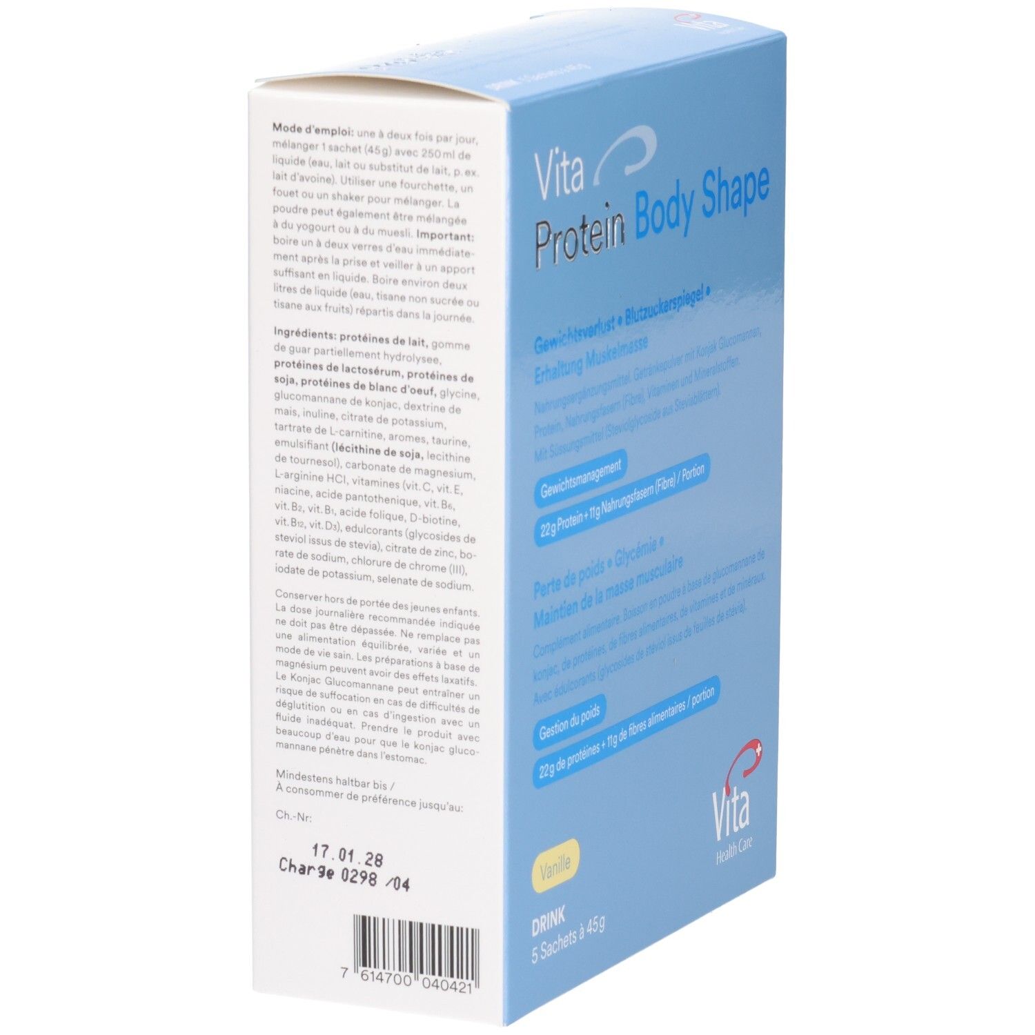 Rückseite der hellblauen Schachtel. Text in Deutsch und Französisch. Enthält Informationen zur Anwendung und Inhaltsstoffe.