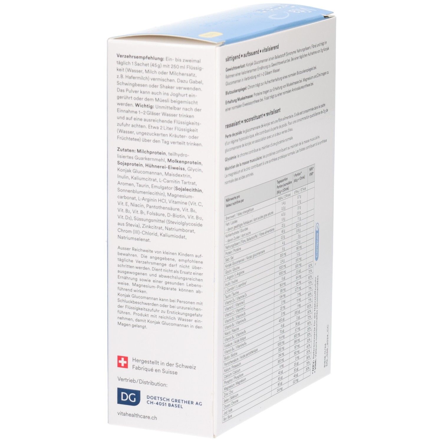 Rückseite der Schachtel mit Text in Deutsch und Französisch. Enthält Informationen zur Anwendung und Inhaltsstoffe.