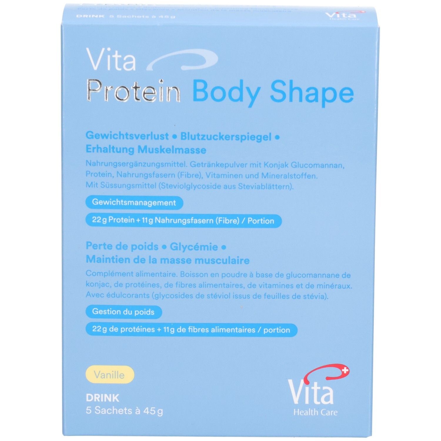 Hellblaue Schachtel mit Produktnamen und -details. Enthält 5 Beutel à 45g. Aufschrift: Vita Protein Body Shape.