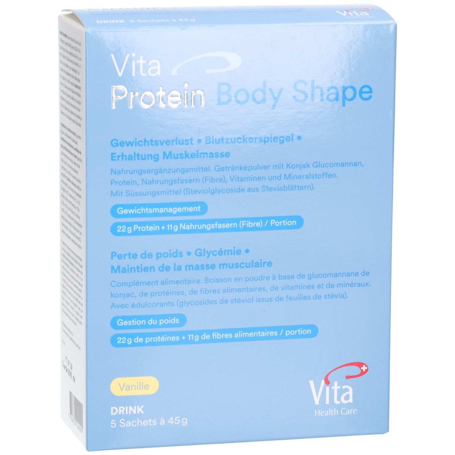 Hellblaue Schachtel mit Produktnamen und -details. Enthält 5 Beutel à 45g. Aufschrift: Vita Protein Body Shape.