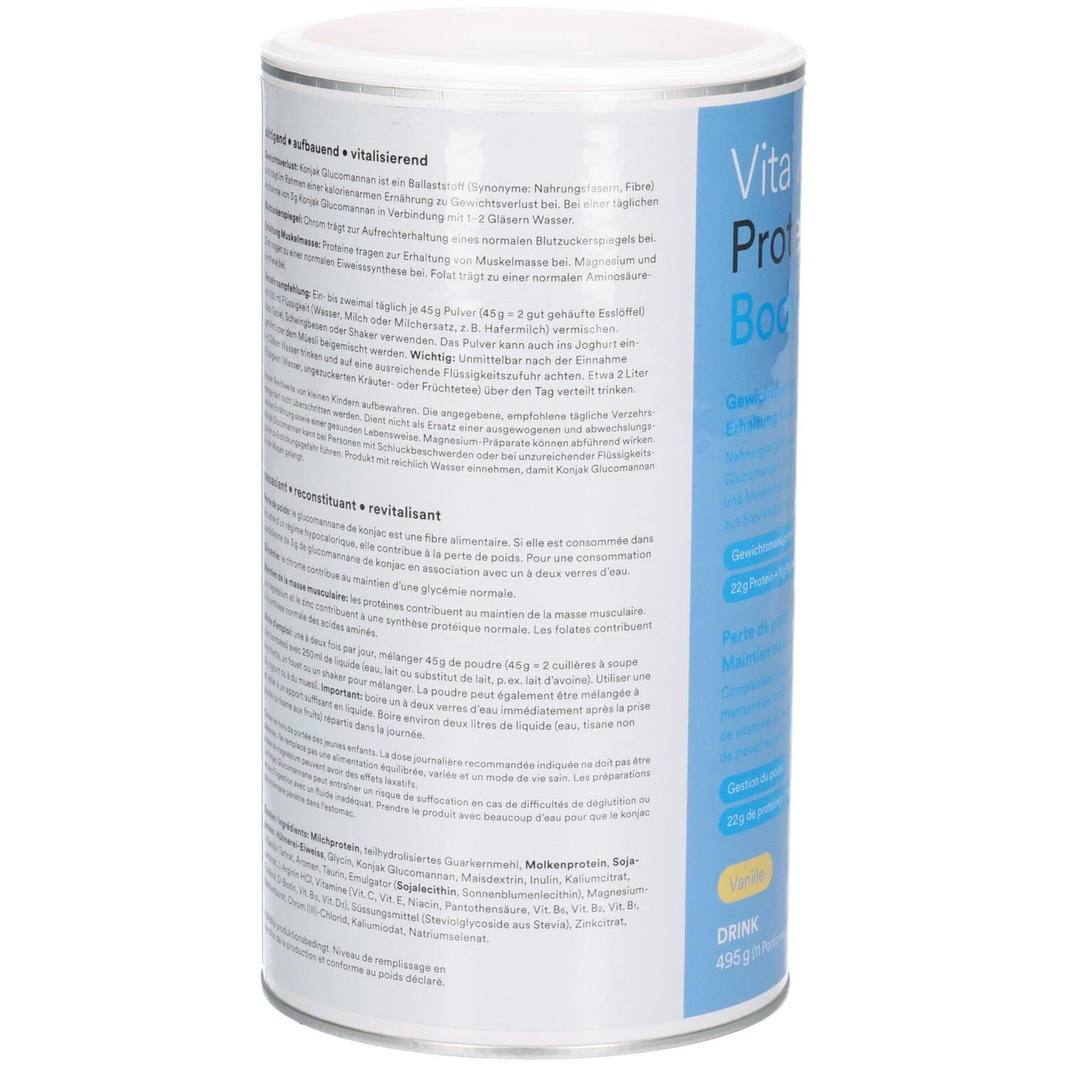 Zylindrische Dose, Text auf Deutsch, Hinweise zur Anwendung und Inhaltsstoffe. Blaue und weiße Farbgebung. 495g.