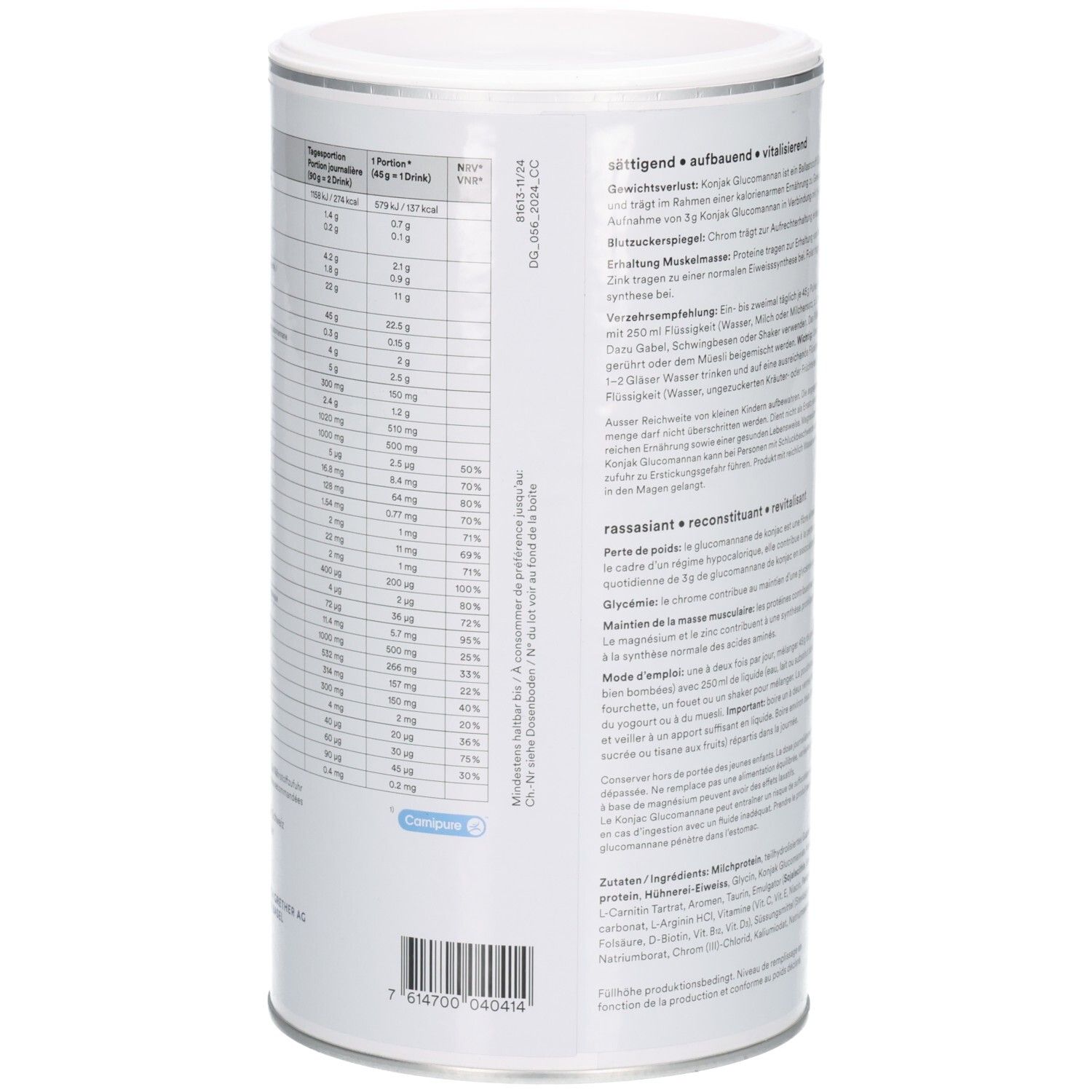Zylindrische Dose, Nährwerttabelle und Inhaltsstoffe. Blaue und weiße Farbgebung. 495g. Barcode und Herstellerinformationen.