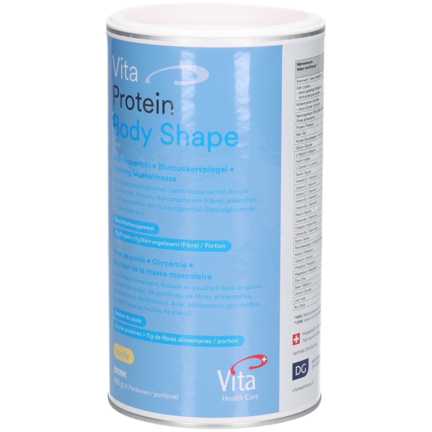 Zylindrische Dose mit Produktaufschrift: Vita Protein Body Shape. Blaue und weiße Farbgebung. 495g, Drink, Vanille. DG-Qualitätssiegel.