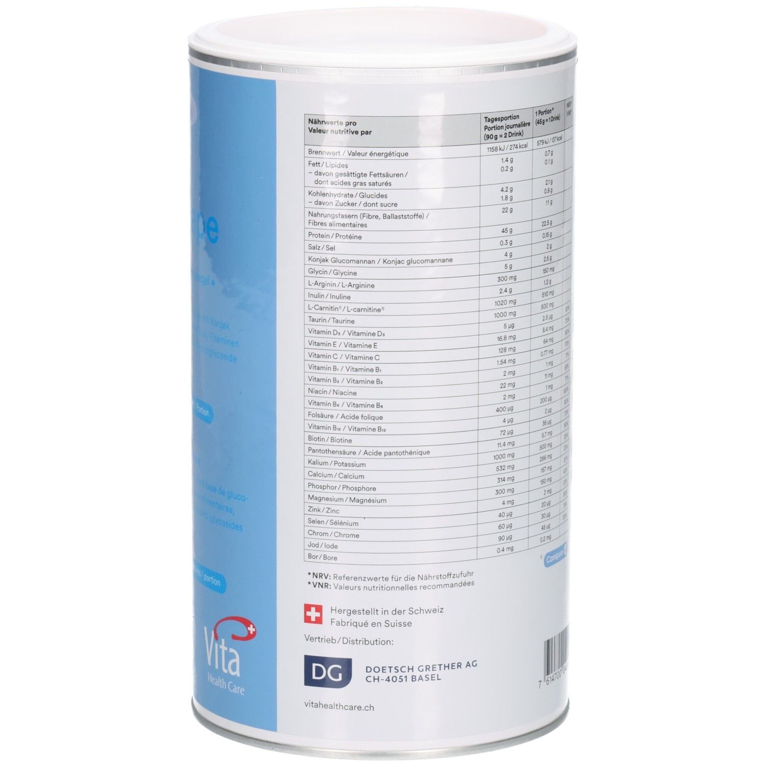 Zylindrische Dose, Nährwerttabelle und Herstellerinformationen. Blaue und weiße Farbgebung. 495g. DG-Qualitätssiegel.