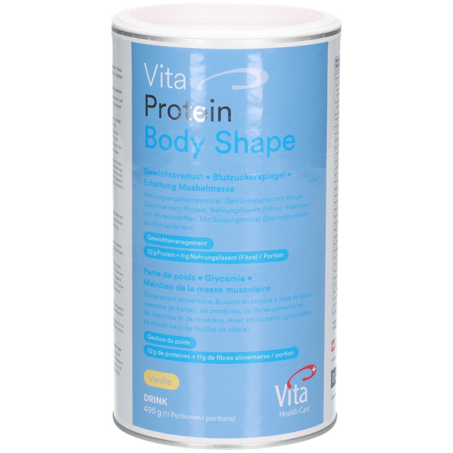 Zylindrische Dose mit Produktaufschrift: Vita Protein Body Shape. Blaue und weiße Farbgebung. 495g, Drink, Vanille.