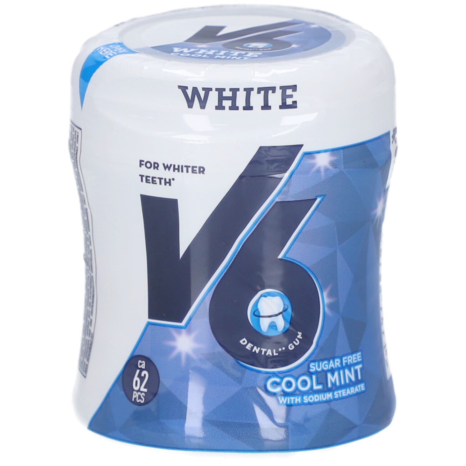 V6 White Cool Mint Kaugummi-Dose. Weiß-blaue Verpackung. Enthält 62 Stück. Aufschrift: "FOR WHITER TEETH".