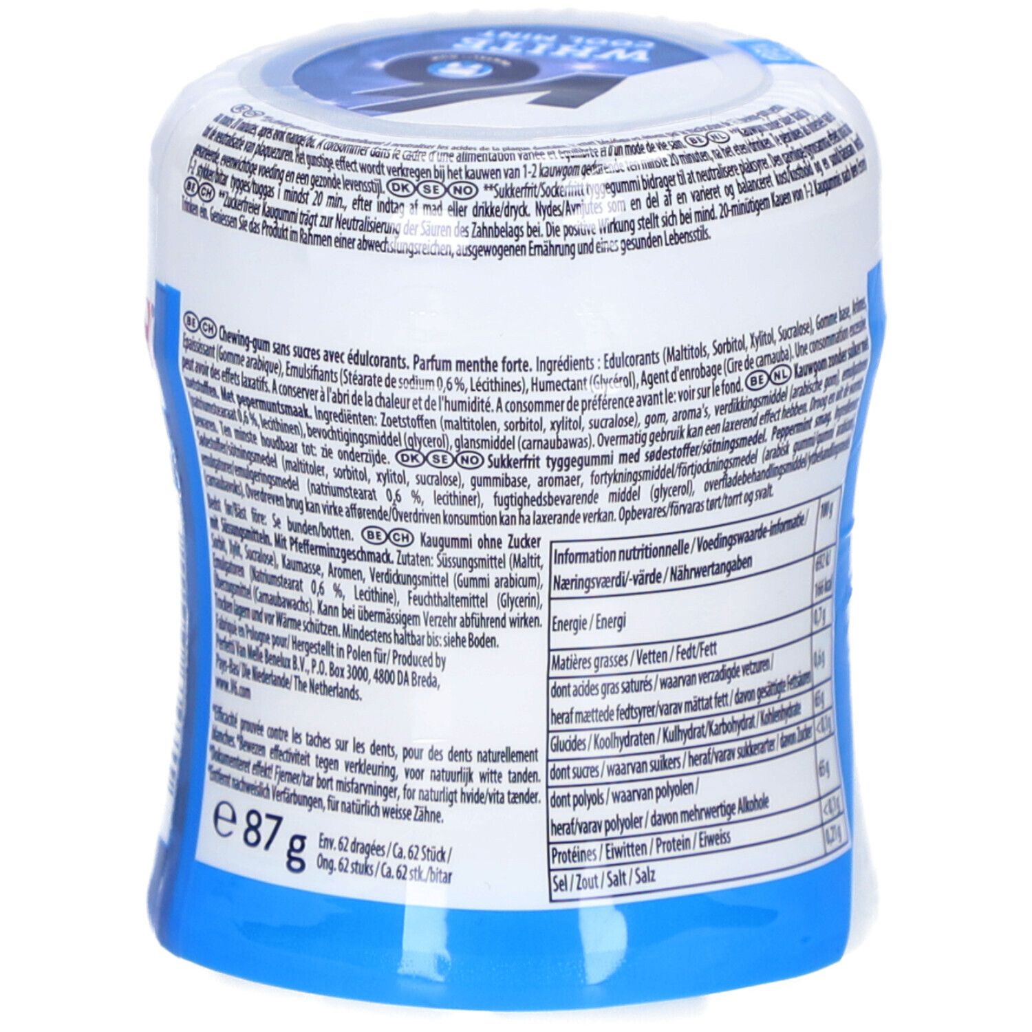 V6 White Cool Mint Kaugummi-Dose. Rückseite mit Inhaltsangaben und Nährwerttabelle. Gewicht: 87g.