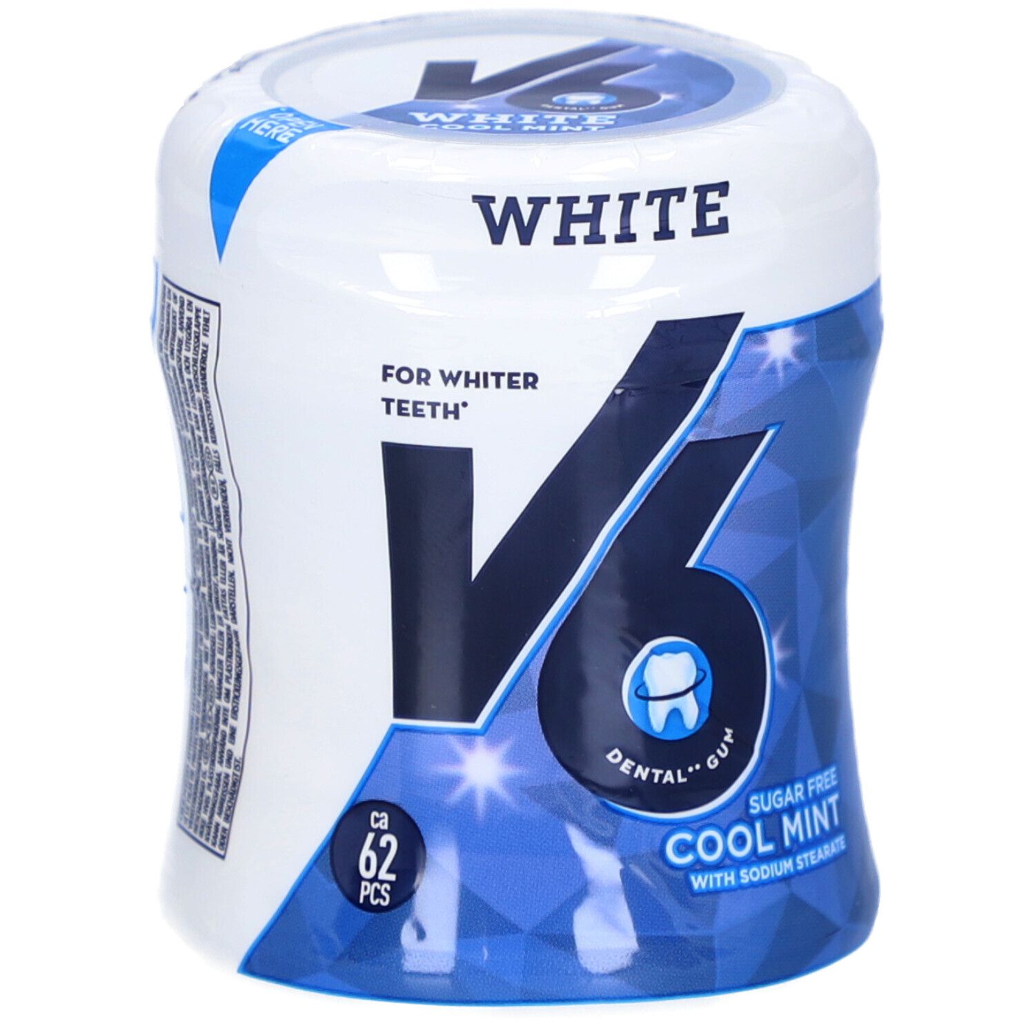 V6 White Cool Mint Kaugummi-Dose. Weiß-blaue Verpackung. Enthält 62 Stück. Aufschrift: "FOR WHITER TEETH".