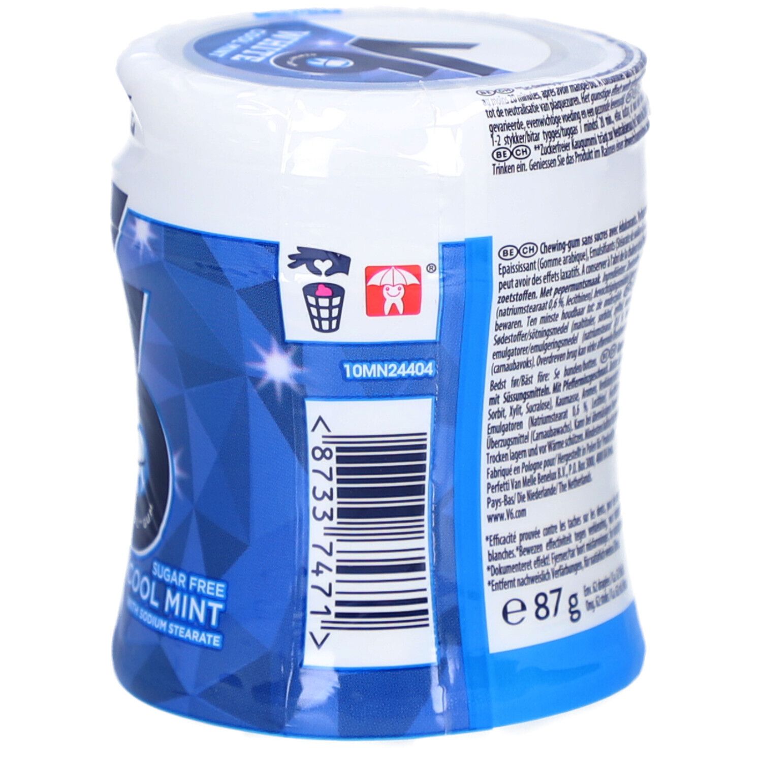 V6 White Cool Mint Kaugummi-Dose. Rückseite mit Inhaltsangaben und Nährwerttabelle. Gewicht: 87g. Barcode.