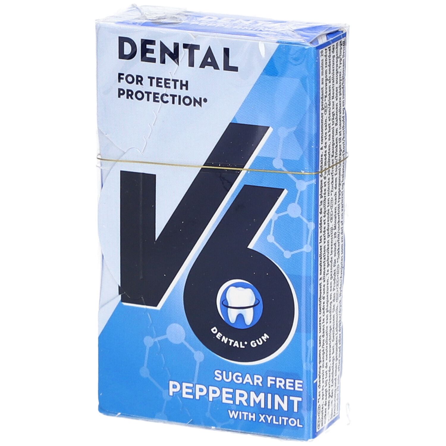 Blau-weiße Schachtel mit "DENTAL" und "V6"-Logo. "Zuckerfrei" und "Pfefferminz" Schriftzug.
