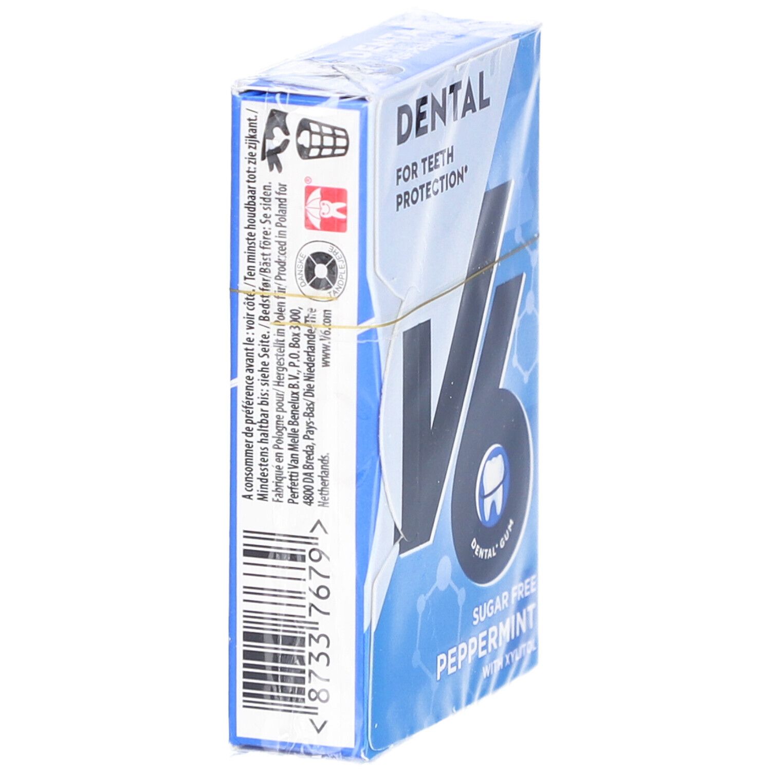 Blaue Schachtel mit "DENTAL" und "V6"-Logo. "Pfefferminz" und Barcode. Verpackt in Folie.