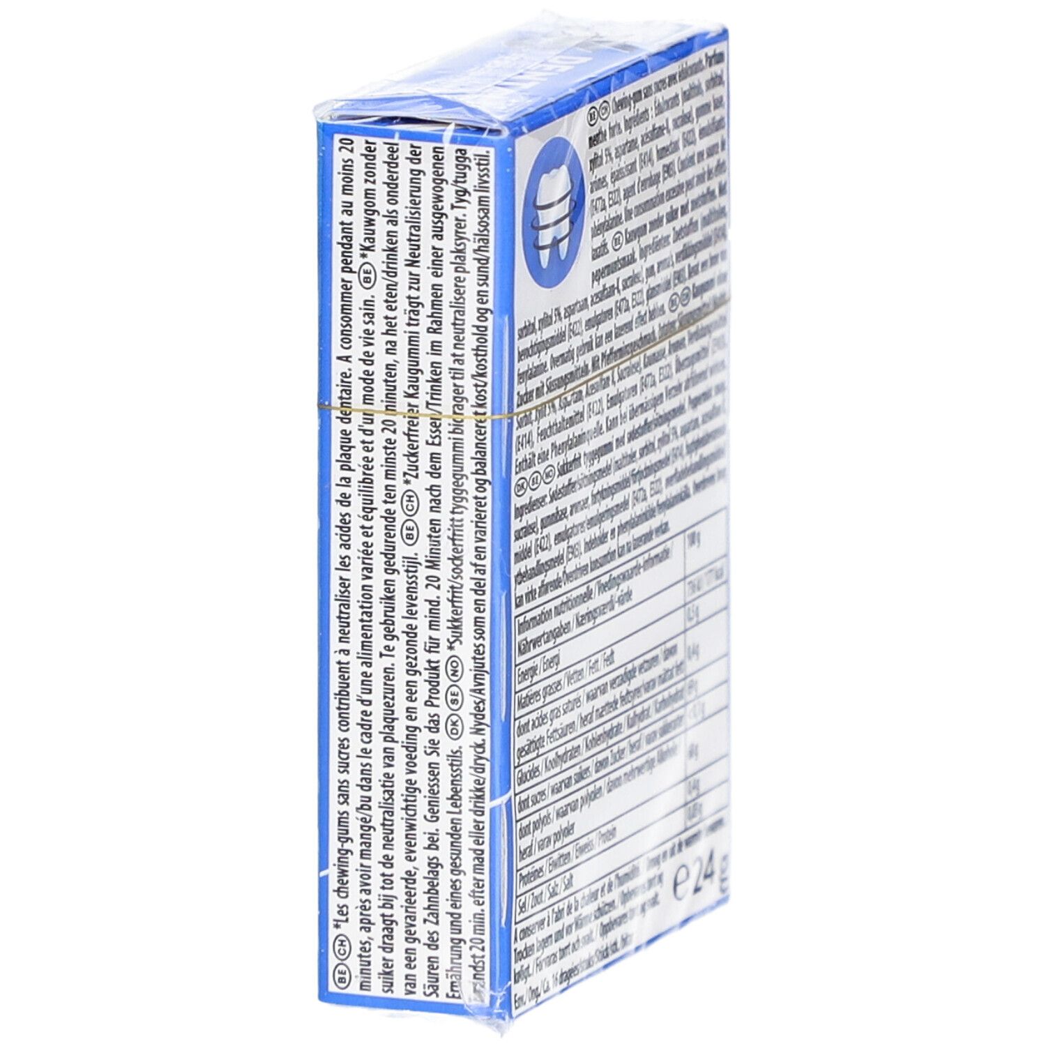 Blaue Schachtel mit Text in mehreren Sprachen. Enthält Informationen zur Anwendung.