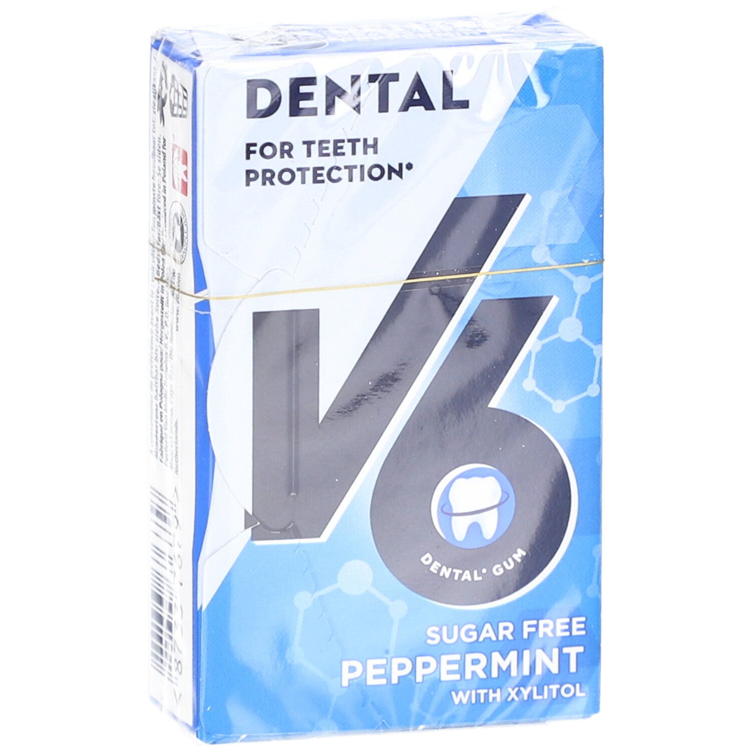 Blaue Schachtel mit "DENTAL" und "V6"-Logo. Verpackt in Folie.