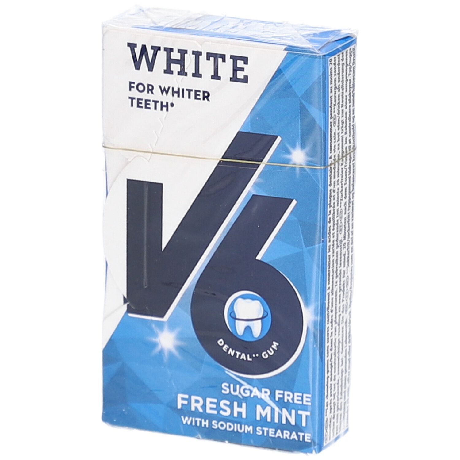 Verpackung von V6 White Kaugummi Freshmint. Weiß-blaue Schachtel mit Produktnamen und Logo. Klare Folienverpackung.