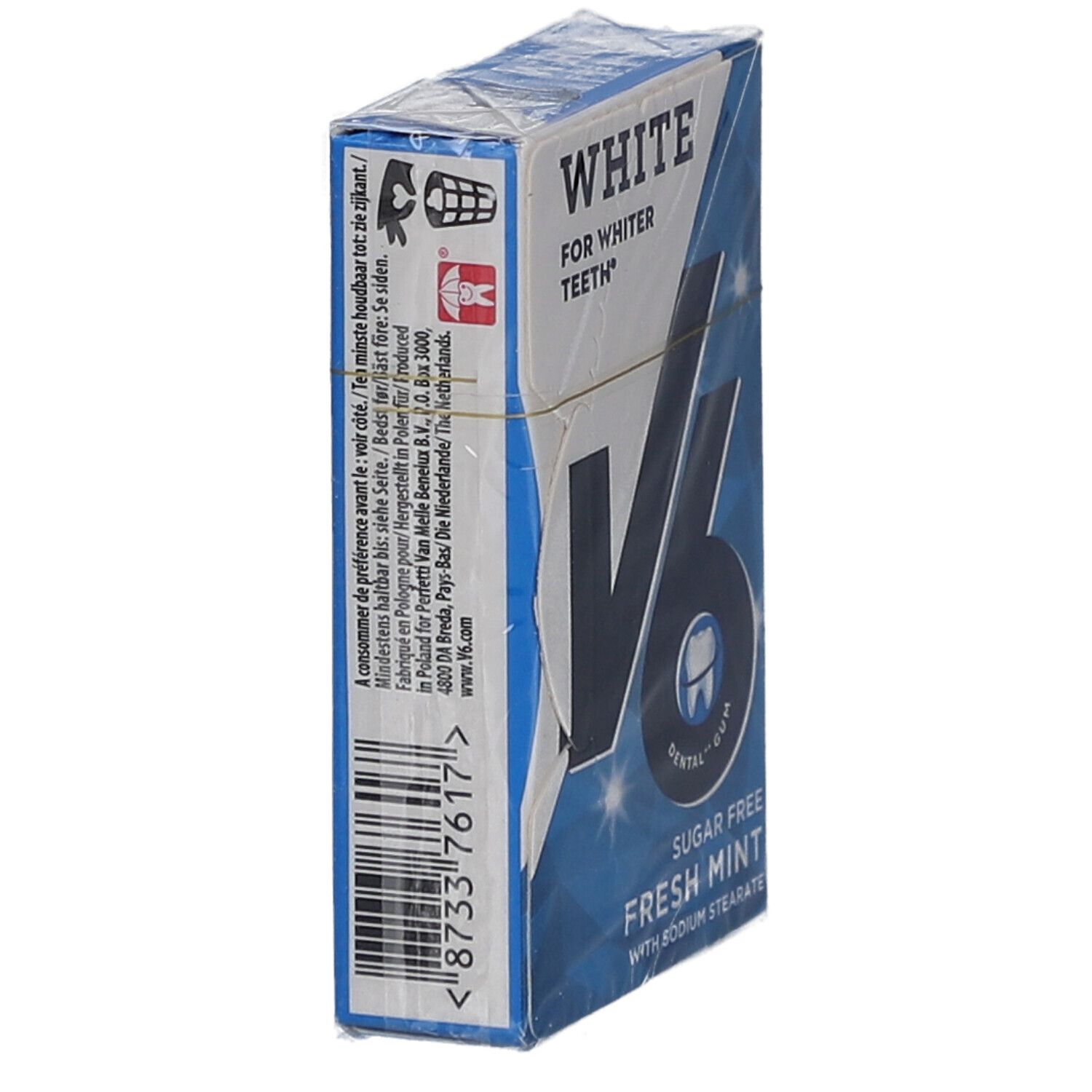 V6 White Freshmint Kaugummi-Packung, Seitenansicht. Weiß-blaue Schachtel mit Produktinformationen und Barcode.