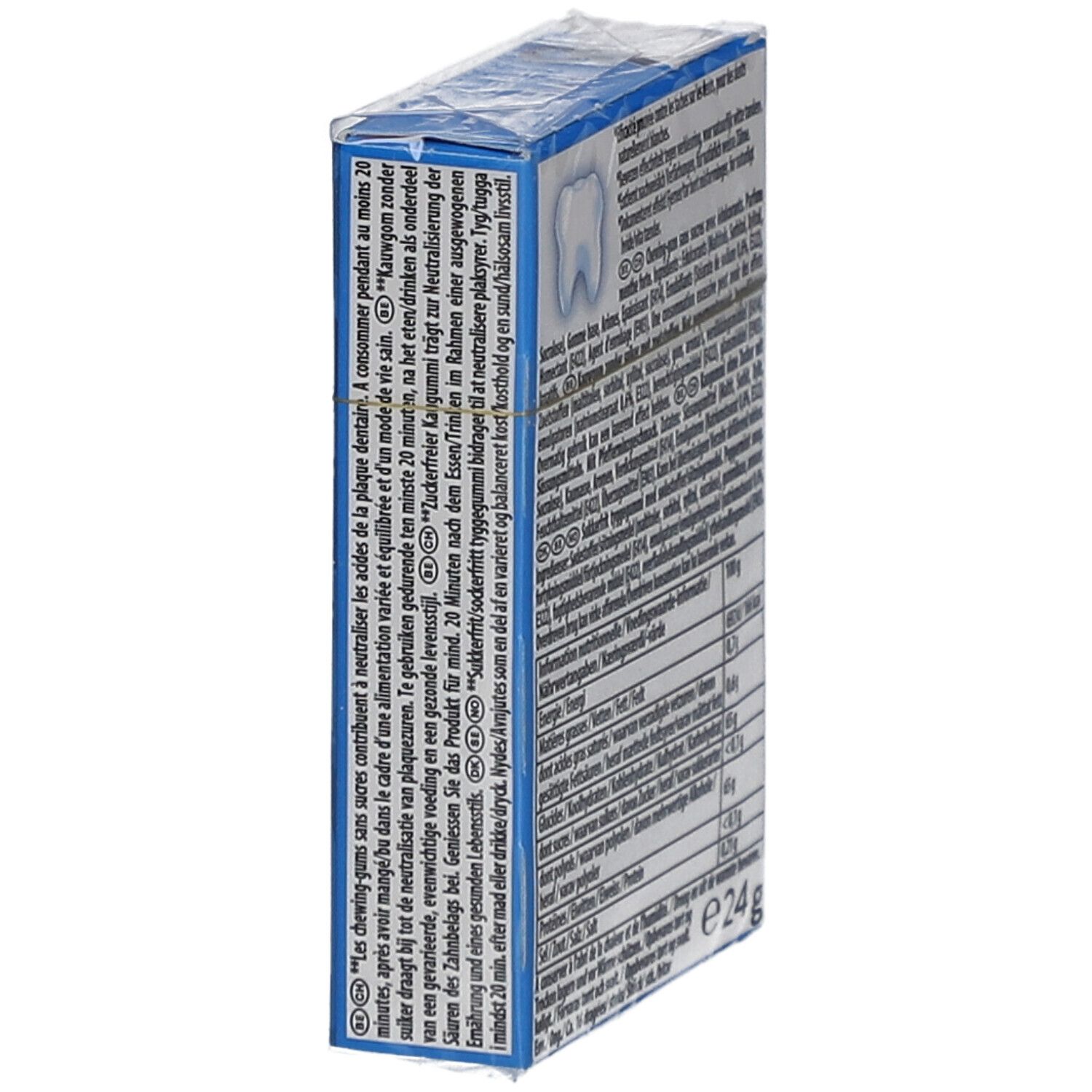 V6 White Freshmint Kaugummi-Packung, Seitenansicht mit Text. Enthält Informationen zur Anwendung und Inhaltsstoffe.