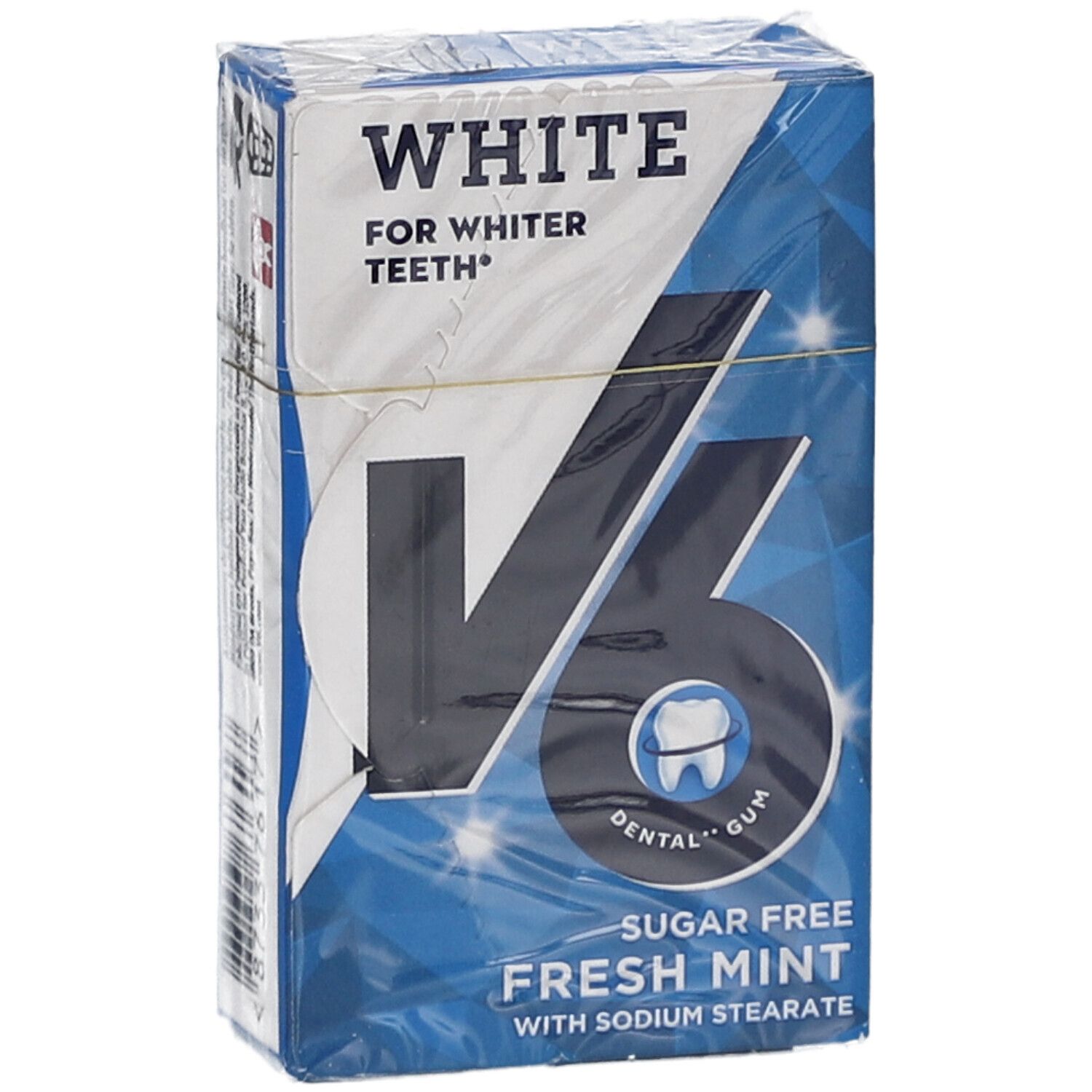 Vorderansicht der V6 White Freshmint Kaugummi-Packung. Weiß-blaue Schachtel mit Produktnamen und Logo.