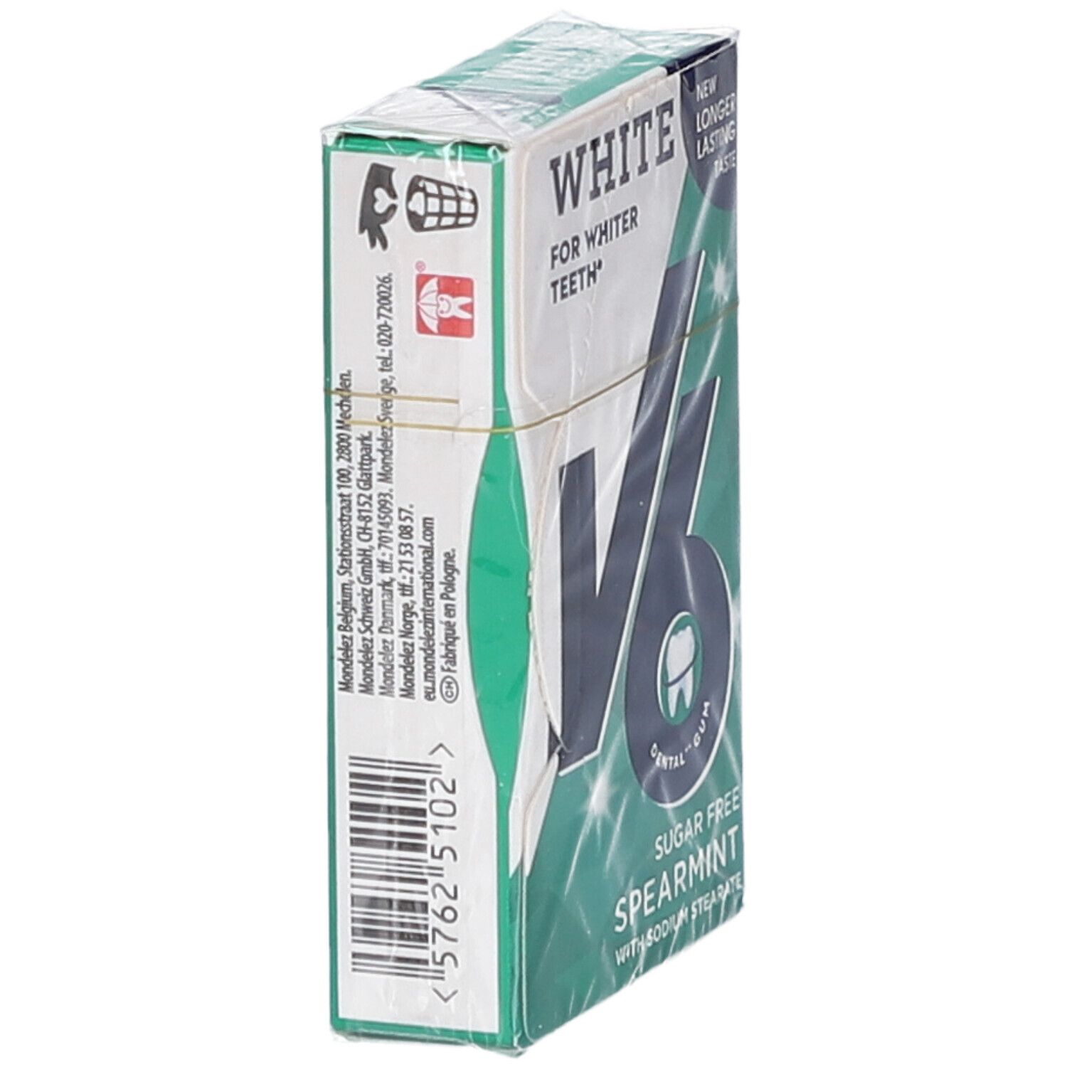 Vue latérale de l'emballage V6 White Spearmint. Boîte blanche et verte avec code-barres et texte. Marque V6.