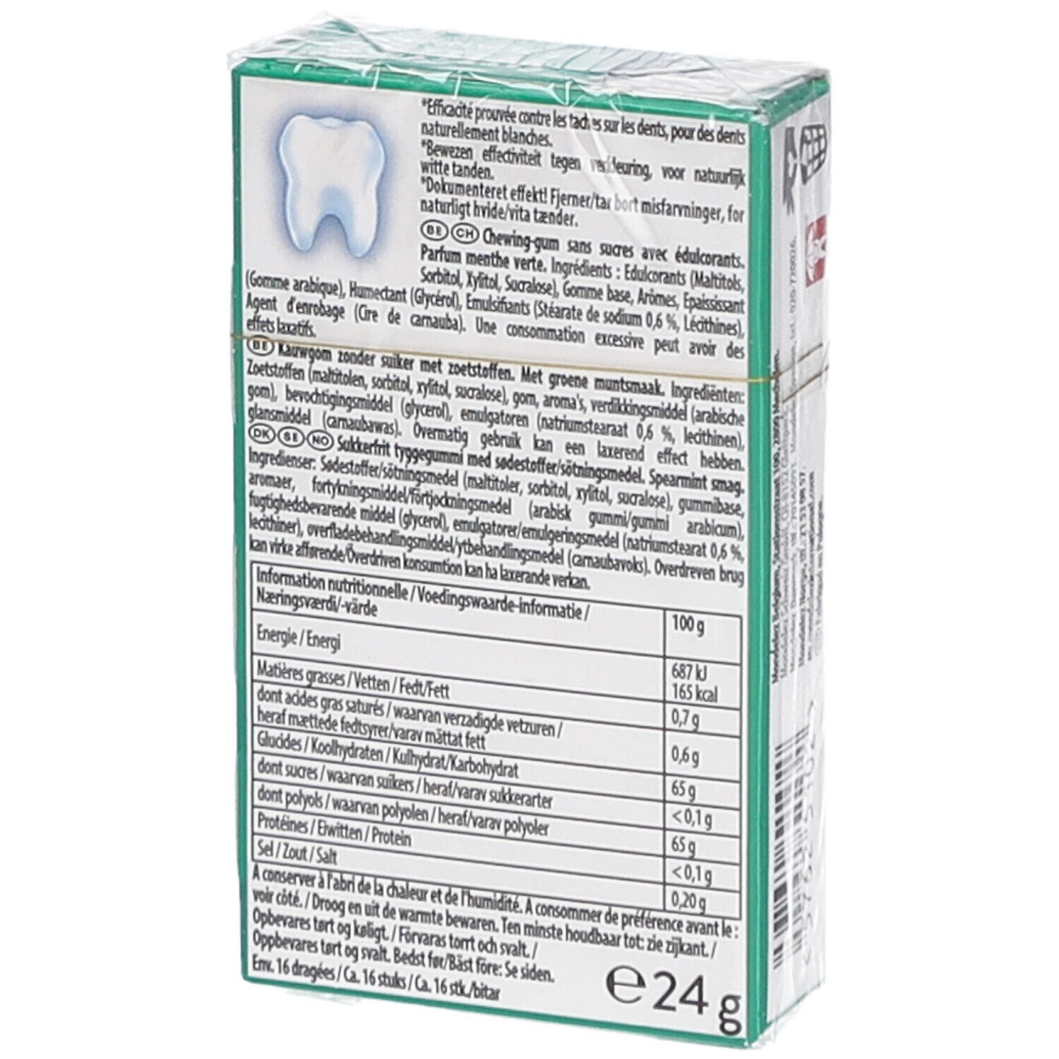 Dos de l'emballage V6 White Spearmint. Contient ingrédients et informations nutritionnelles. Symbole dent.