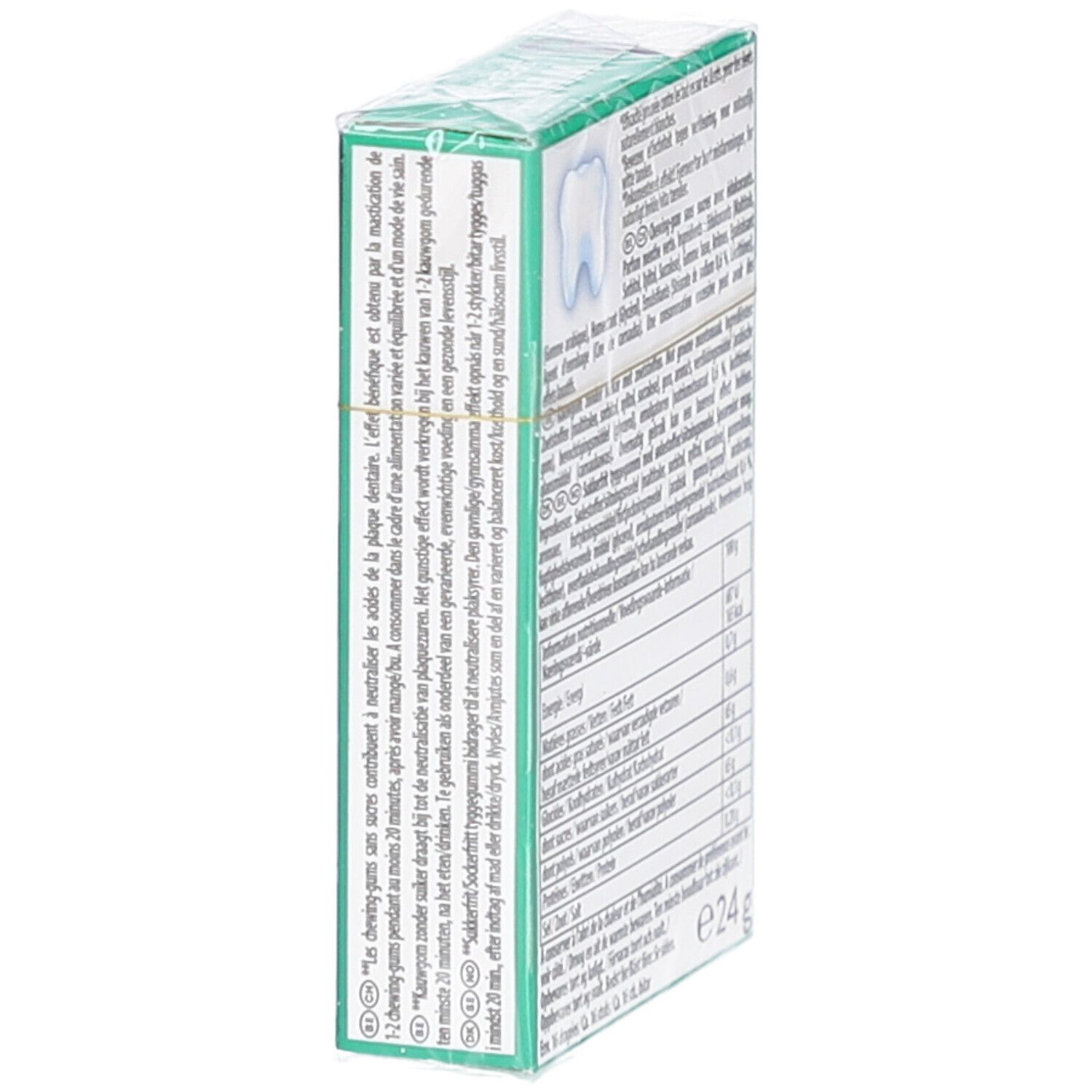 Vue latérale de l'emballage V6 White Spearmint. Texte et informations nutritionnelles. Symbole dent.
