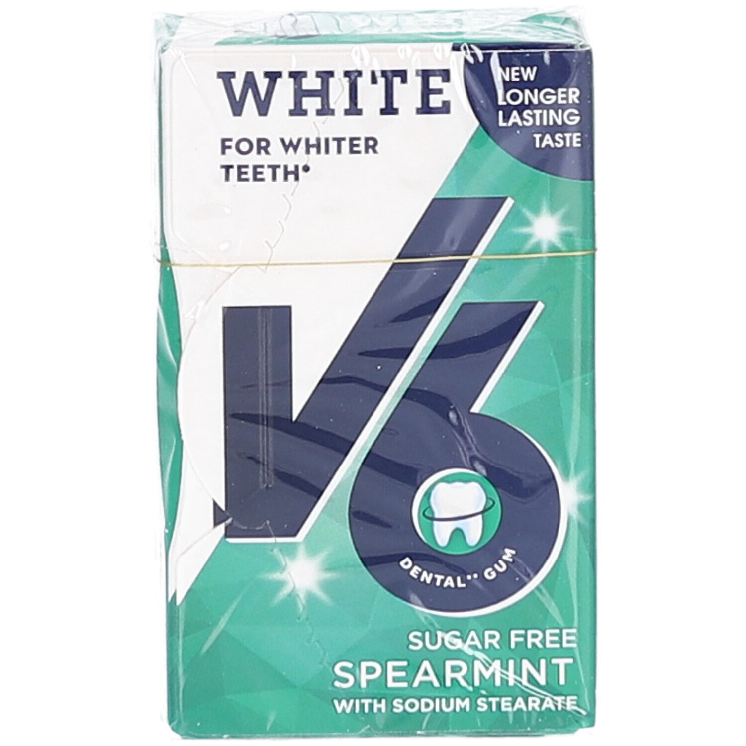 Vue de face de l'emballage V6 White Spearmint. Design blanc et vert. Inscriptions : White, V6, Spearmint.