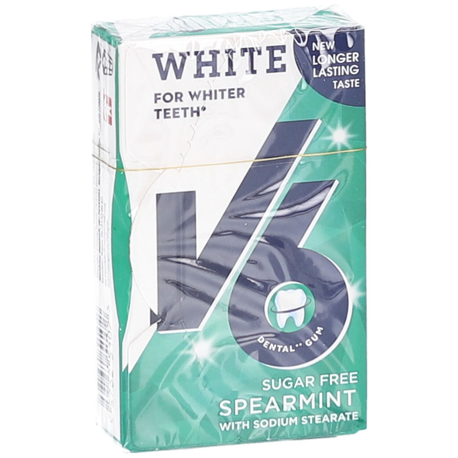 Vue de face de l'emballage V6 White Spearmint. Design blanc et vert. Inscriptions : White, V6, Spearmint.