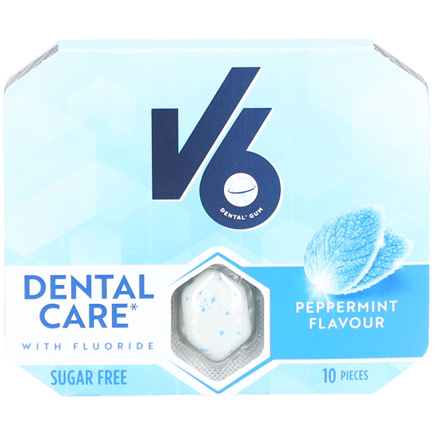 Hellblaue Verpackung mit V6-Logo und "Dental Care". Enthält 10 Kaugummis mit Pfefferminzgeschmack. Zuckerfrei.