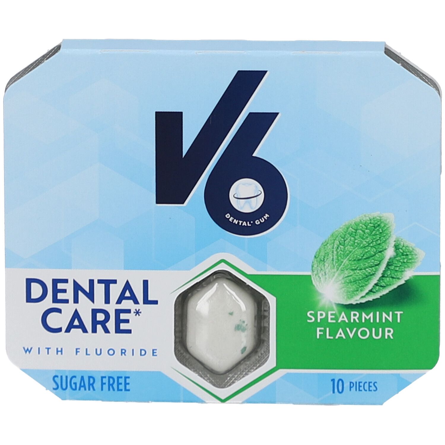 Hellblaue Verpackung mit V6-Logo und Spearmint-Geschmack. Enthält 10 Kaugummis. Text: Dental Care, Sugar Free, mit Fluorid.