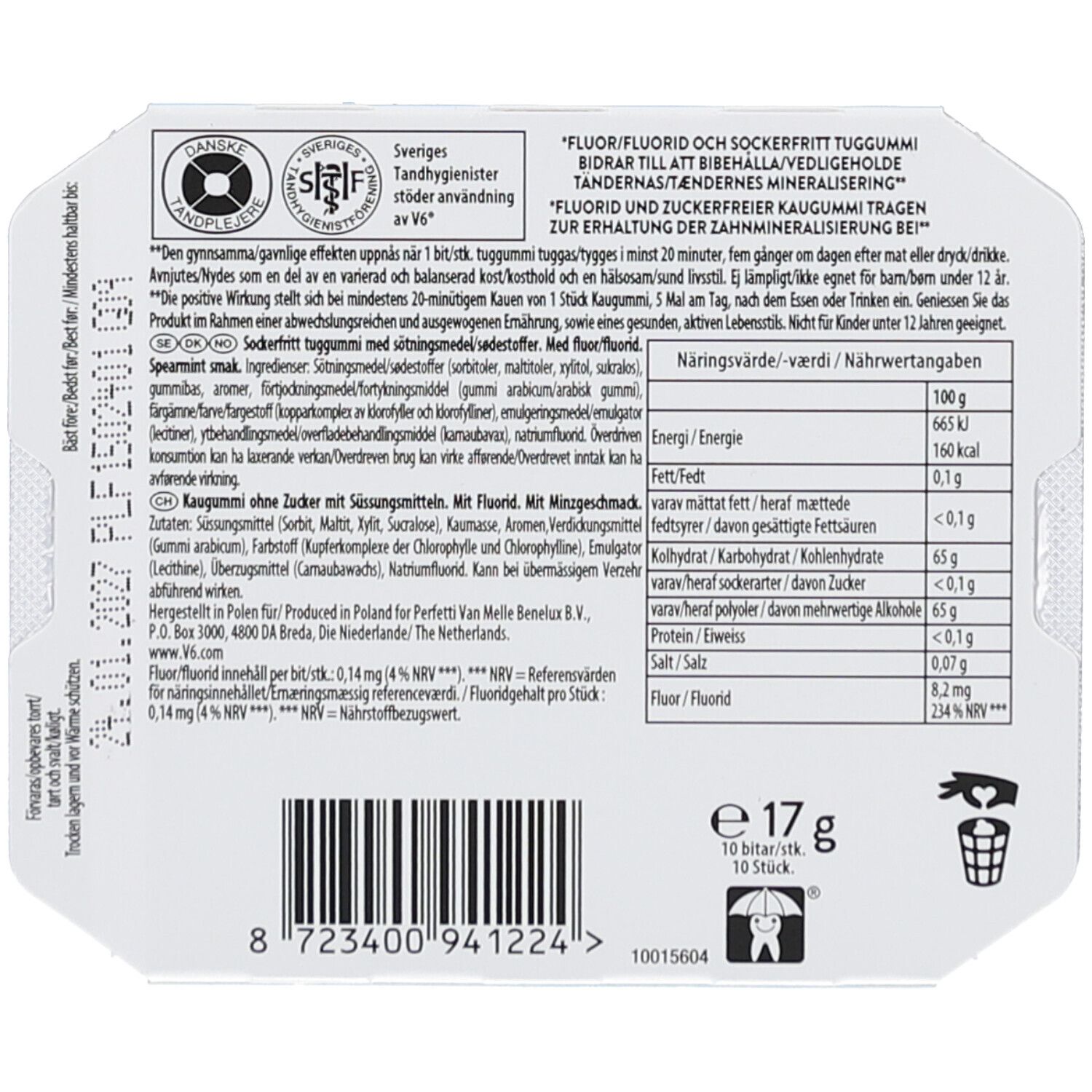 Rückseite der V6-Verpackung. Enthält Nährwertangaben, Inhaltsstoffe und Text in mehreren Sprachen. Mit Siegeln und Barcode.