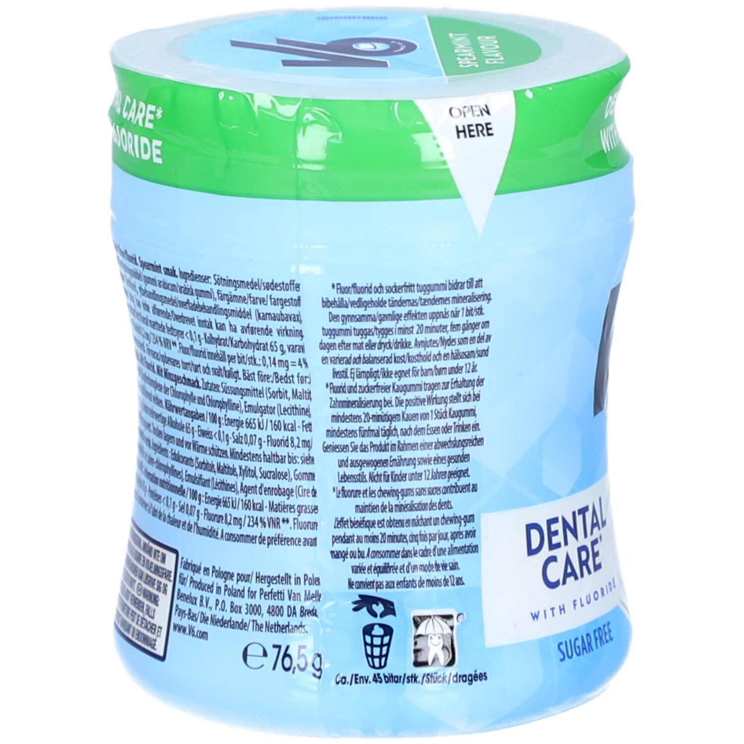 Rückseite der hellblauen Dose mit grünem Deckel. Text in mehreren Sprachen. Aufschrift: Dental Care mit Fluorid, zuckerfrei. Gewicht: 76,5 g.