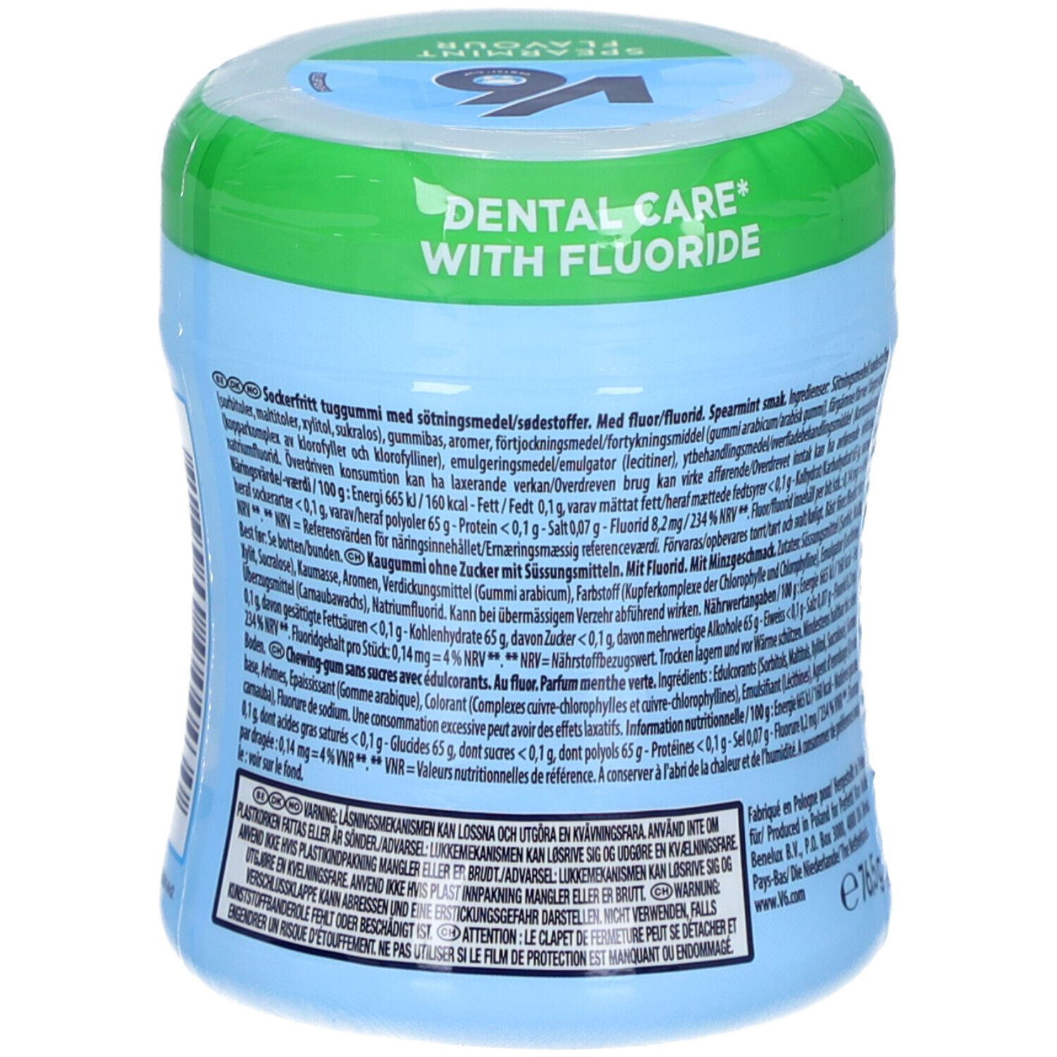 Rückseite der hellblauen Dose mit grünem Deckel. Text in mehreren Sprachen. Aufschrift: Dental Care mit Fluorid, zuckerfrei. Gewicht: 76,5 g.