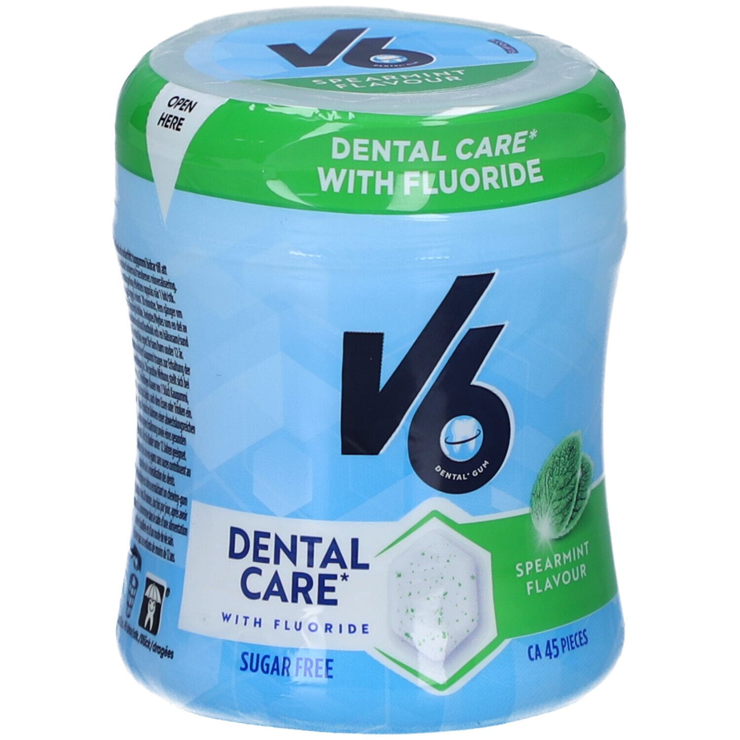 Hellblaue Dose mit grünem Deckel. Aufschrift: V6 Dental Care mit Fluorid, zuckerfrei, Spearmint. Ca. 45 Stück.