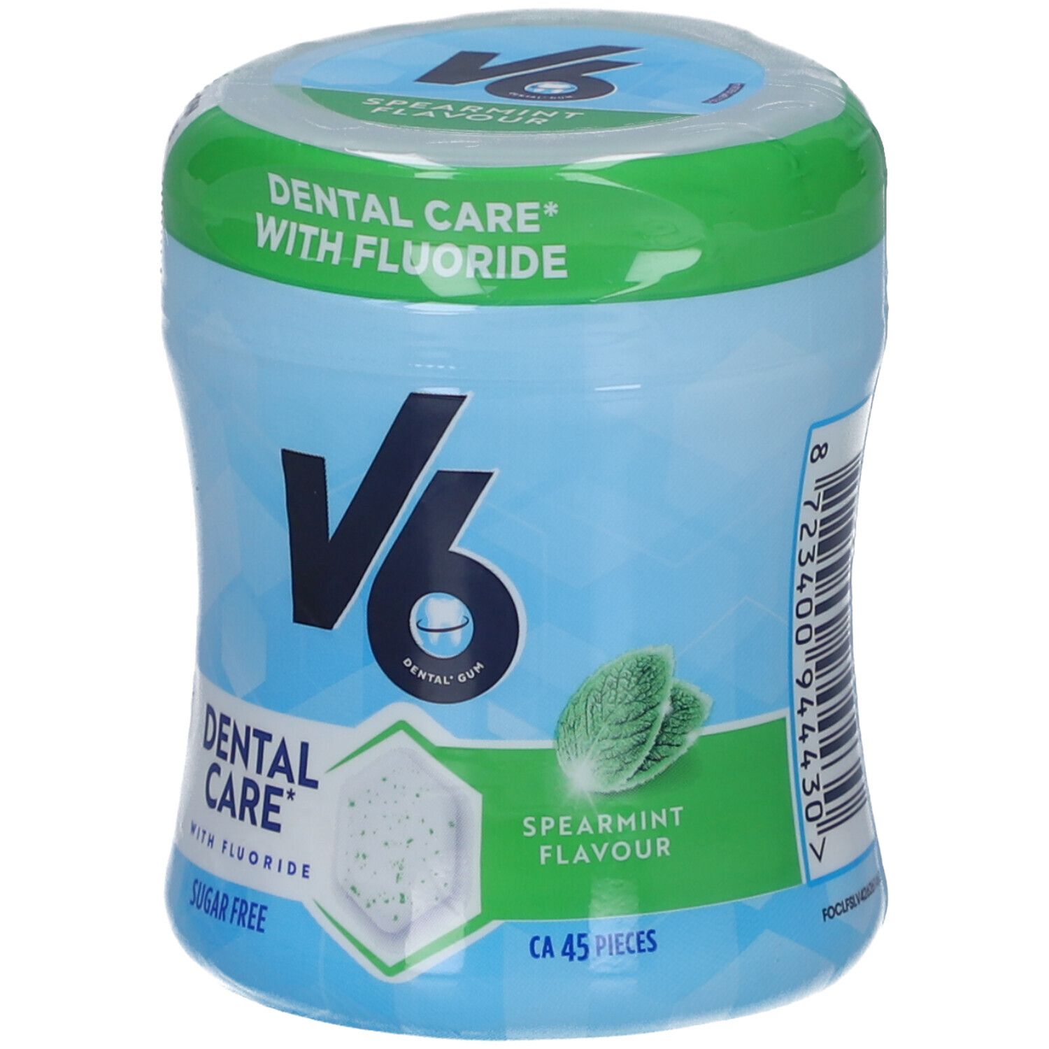Hellblaue Dose mit grünem Deckel. Aufschrift: V6 Dental Care mit Fluorid, zuckerfrei, Spearmint. Ca. 45 Stück. Barcode.