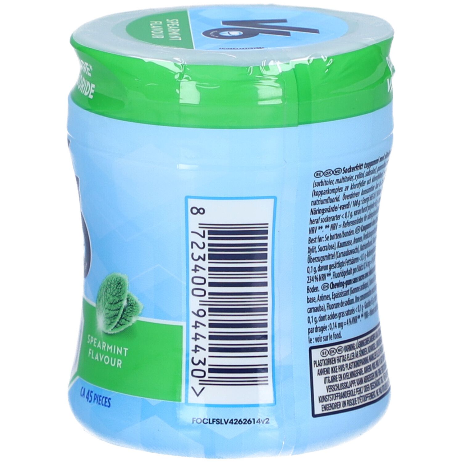 Rückseite der hellblauen Dose mit grünem Deckel. Barcode. Aufschrift: Spearmint Flavour, ca. 45 pieces.