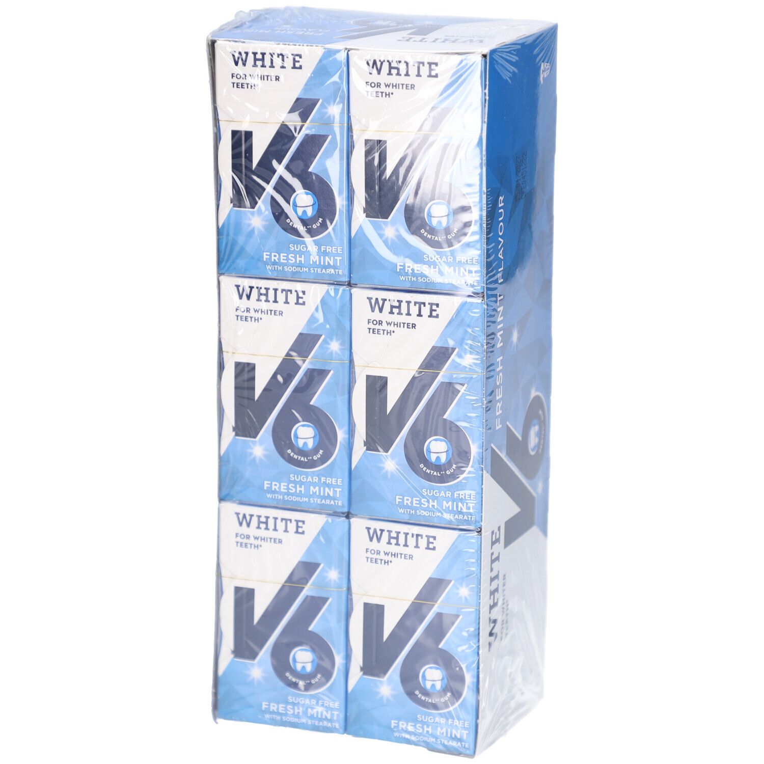 Verpackung mit sechs Schachteln Kaugummi. Auf jeder Schachtel steht "V6 White" und "Fresh Mint".