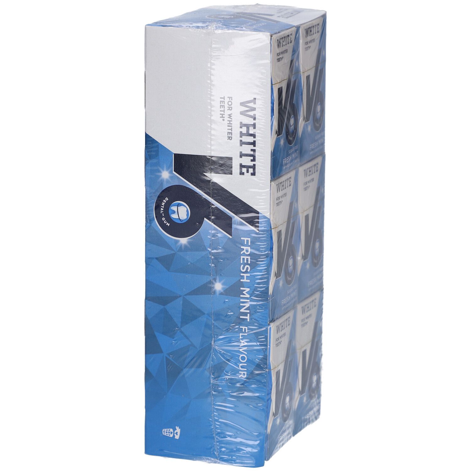 Seitenansicht der Kaugummi-Verpackung. Auf der Seite steht "V6 White Fresh Mint flavour".