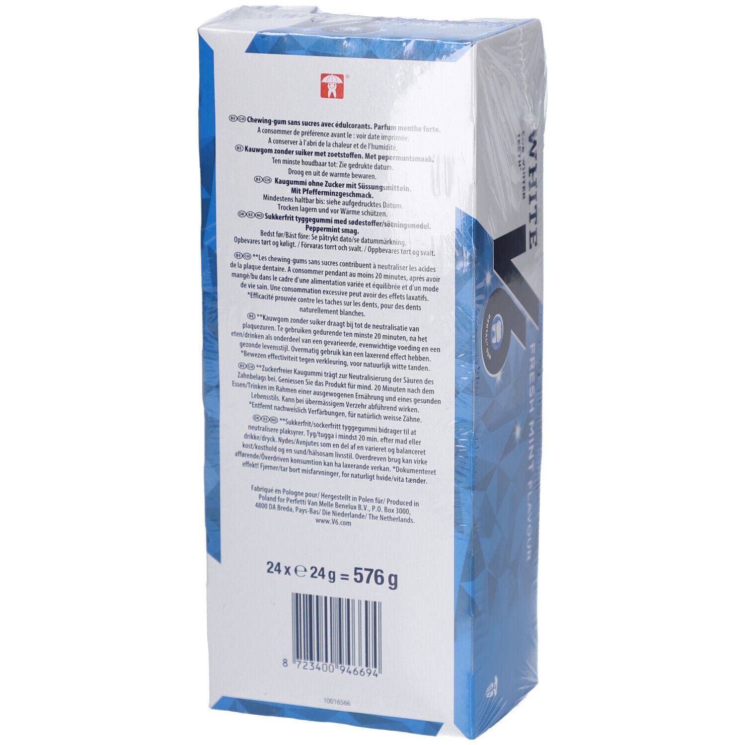 Rückseite der Kaugummi-Verpackung. Text in mehreren Sprachen, darunter "24 x 24g = 576g".