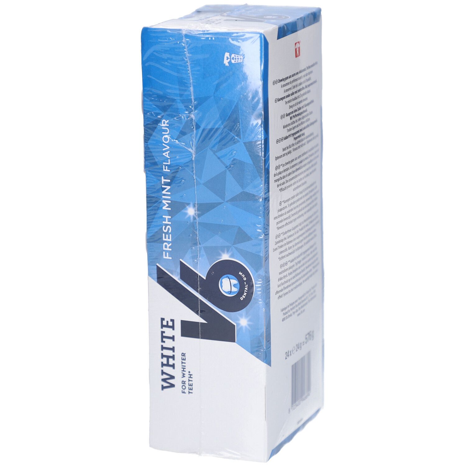 Kaugummi-Verpackung, Seitenansicht. Auf der Seite steht "V6 White Fresh Mint flavour".