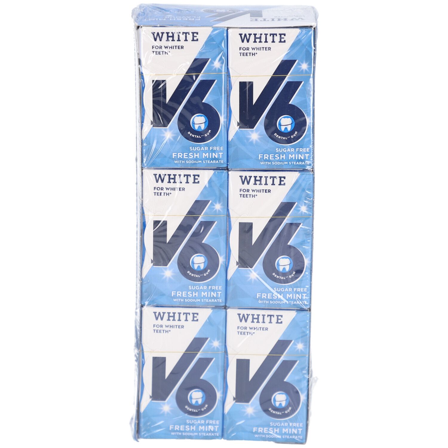 Ansicht von sechs Kaugummi-Schachteln. Auf jeder Schachtel steht "V6 White" und "Fresh Mint".