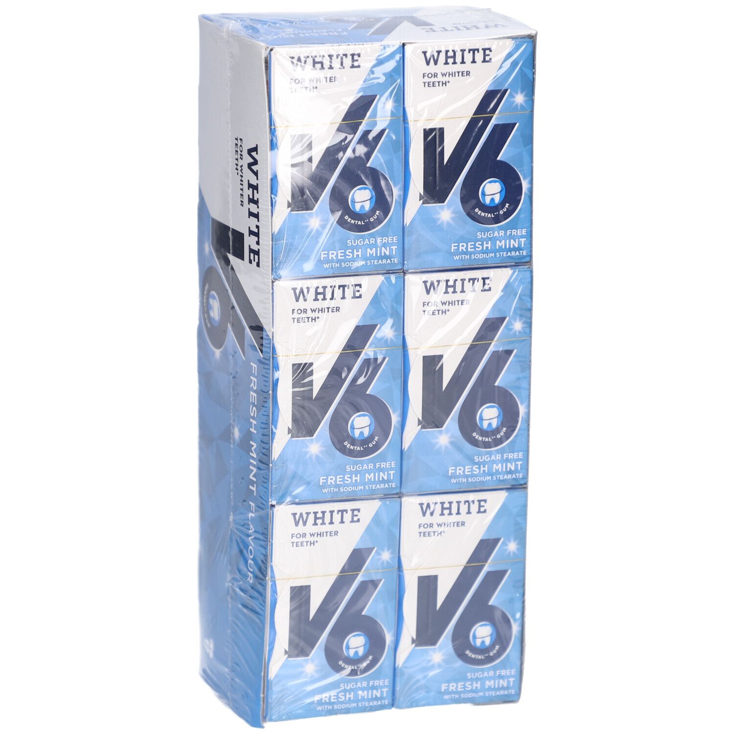 Kaugummi-Verpackung, schräg von oben. Auf den Schachteln steht "V6 White" und "Fresh Mint".