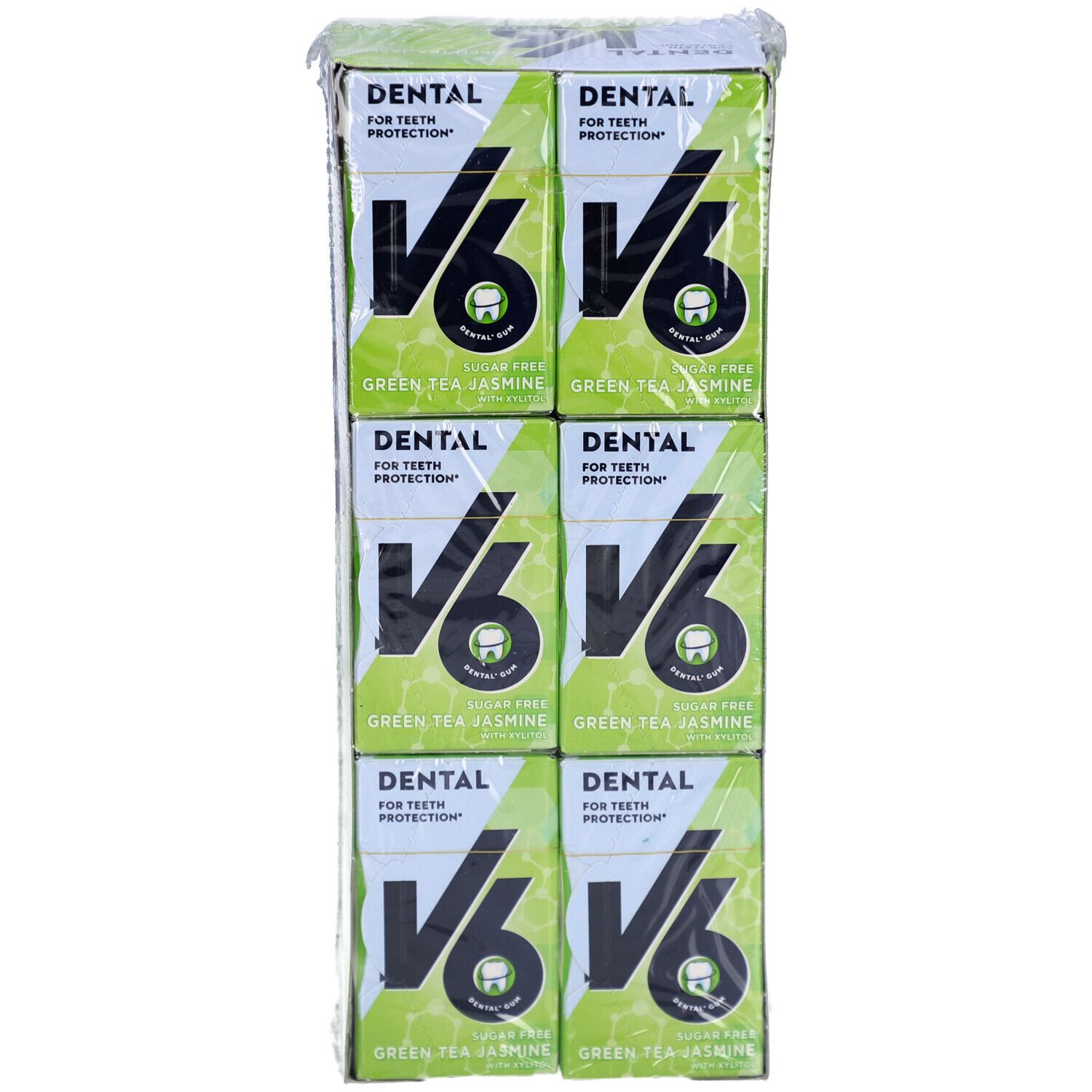 Sechs Packungen Kaugummi, in Folie verpackt. Jede Packung zeigt "V6 Dental" und "Green Tea Jasmine".