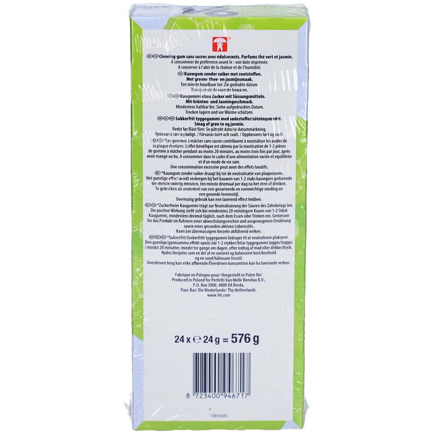 Rückseite der Kaugummi-Box. Text in mehreren Sprachen. Enthält Informationen zu Inhaltsstoffen und Hersteller.